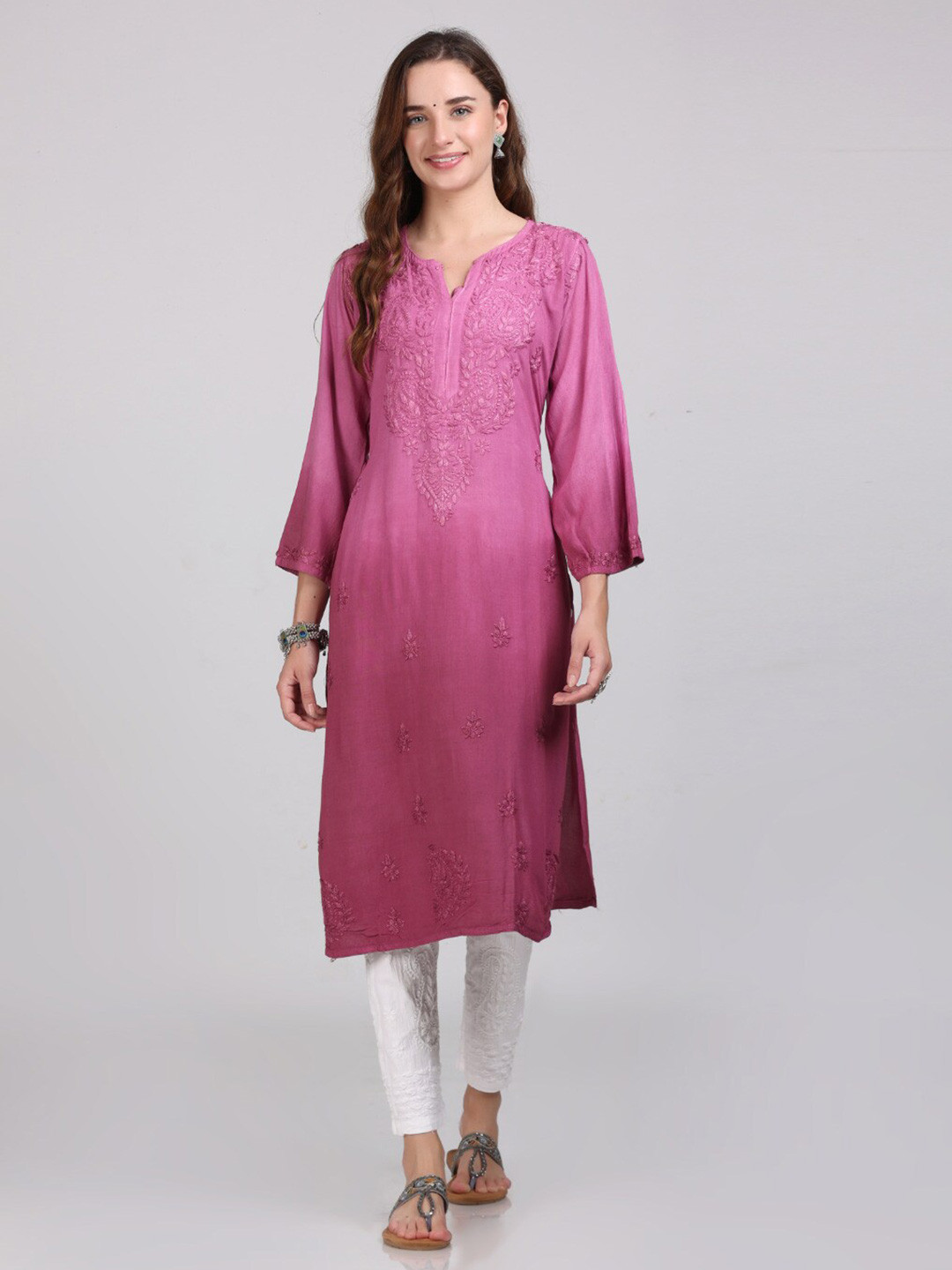 

KHAKA Notched Neck Flared Sleeves Paisley Embroidered Chikankari Floral Kurta, Purple