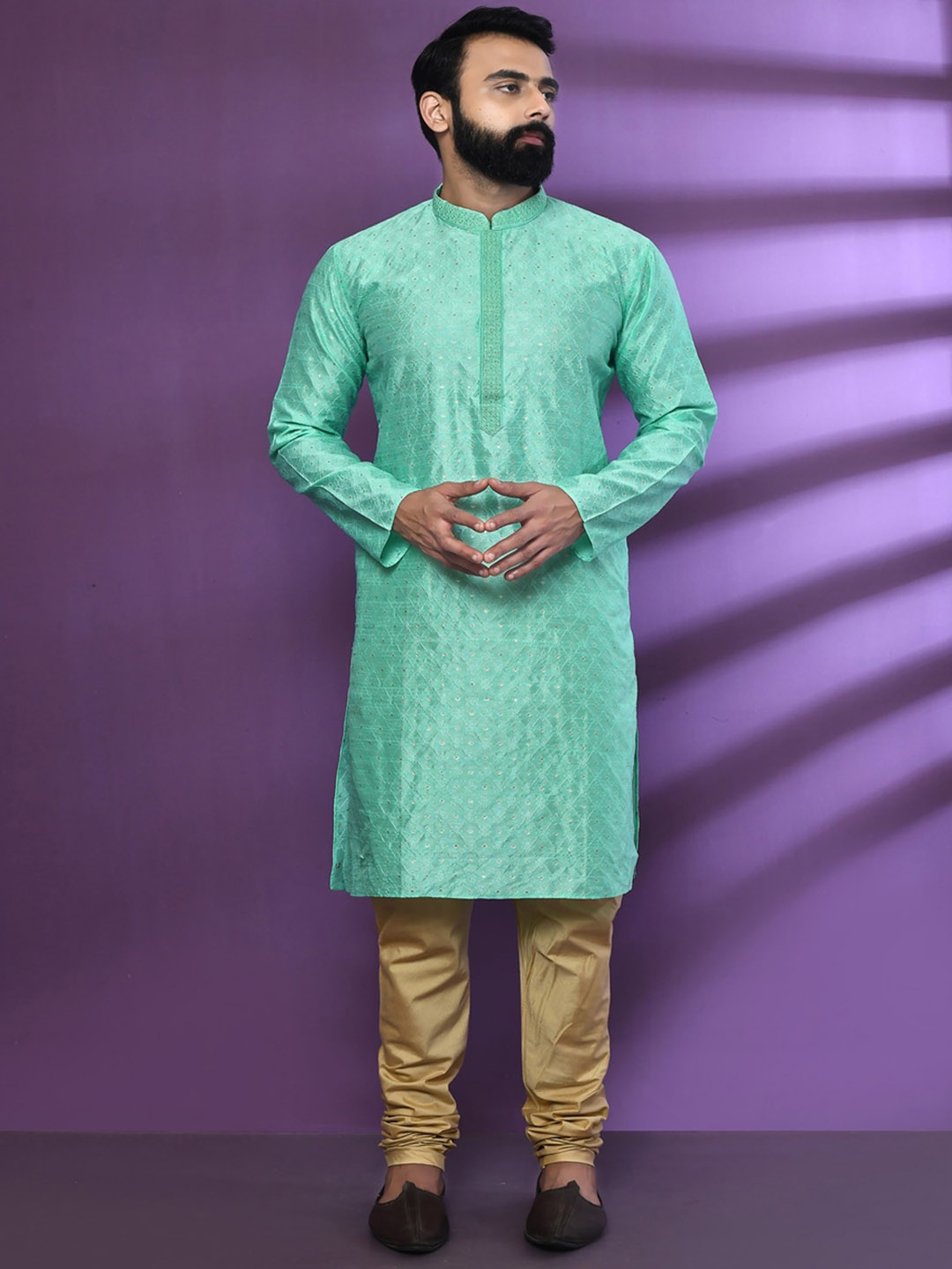 

HU - Handcrafted Uniquely Embroidered Mandarin Collar Sequins Cotton Silk Straight Kurta, Turquoise blue