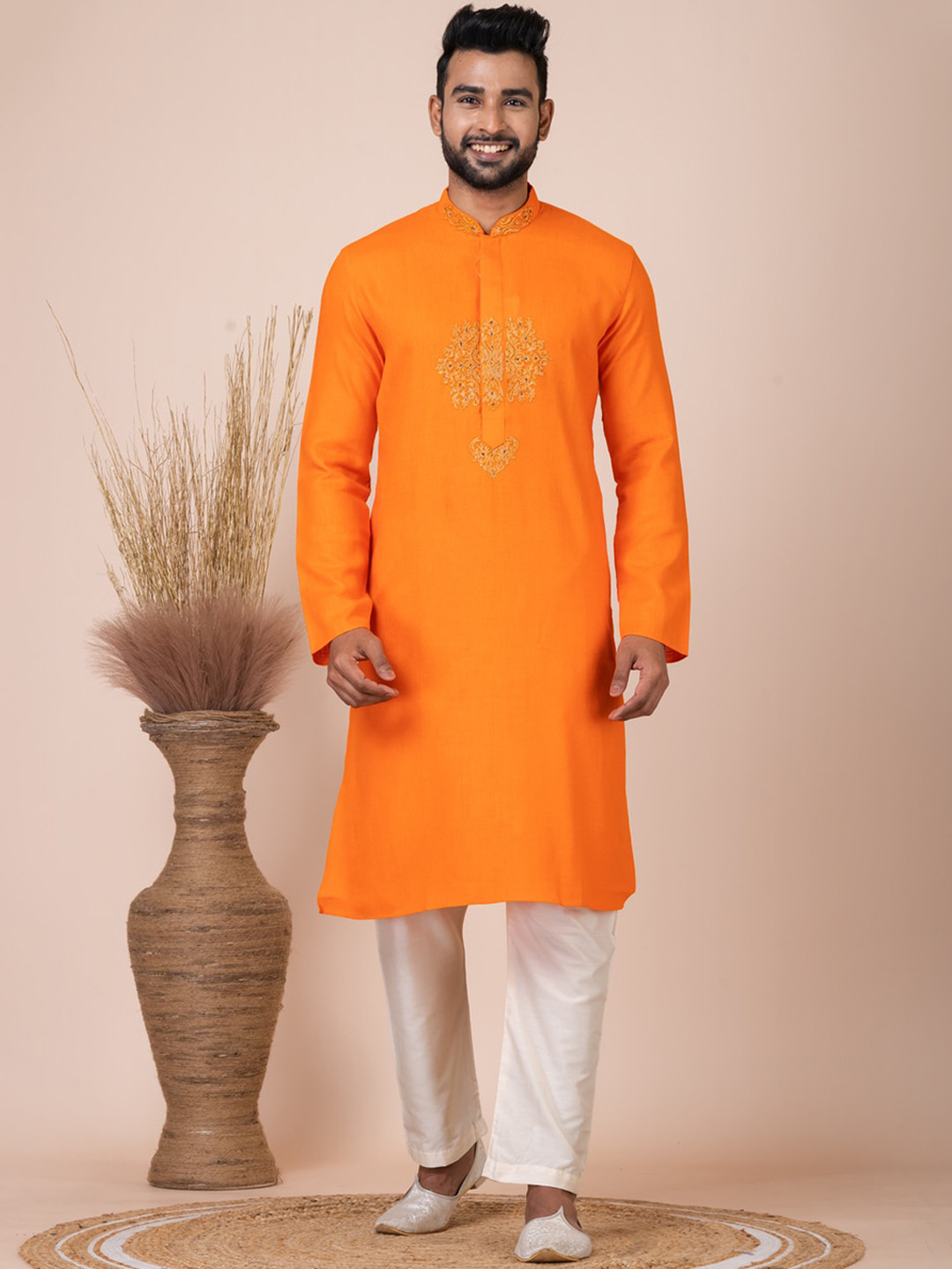 

HU - Handcrafted Uniquely Mandarin Collar Thread Work Kurta, Orange