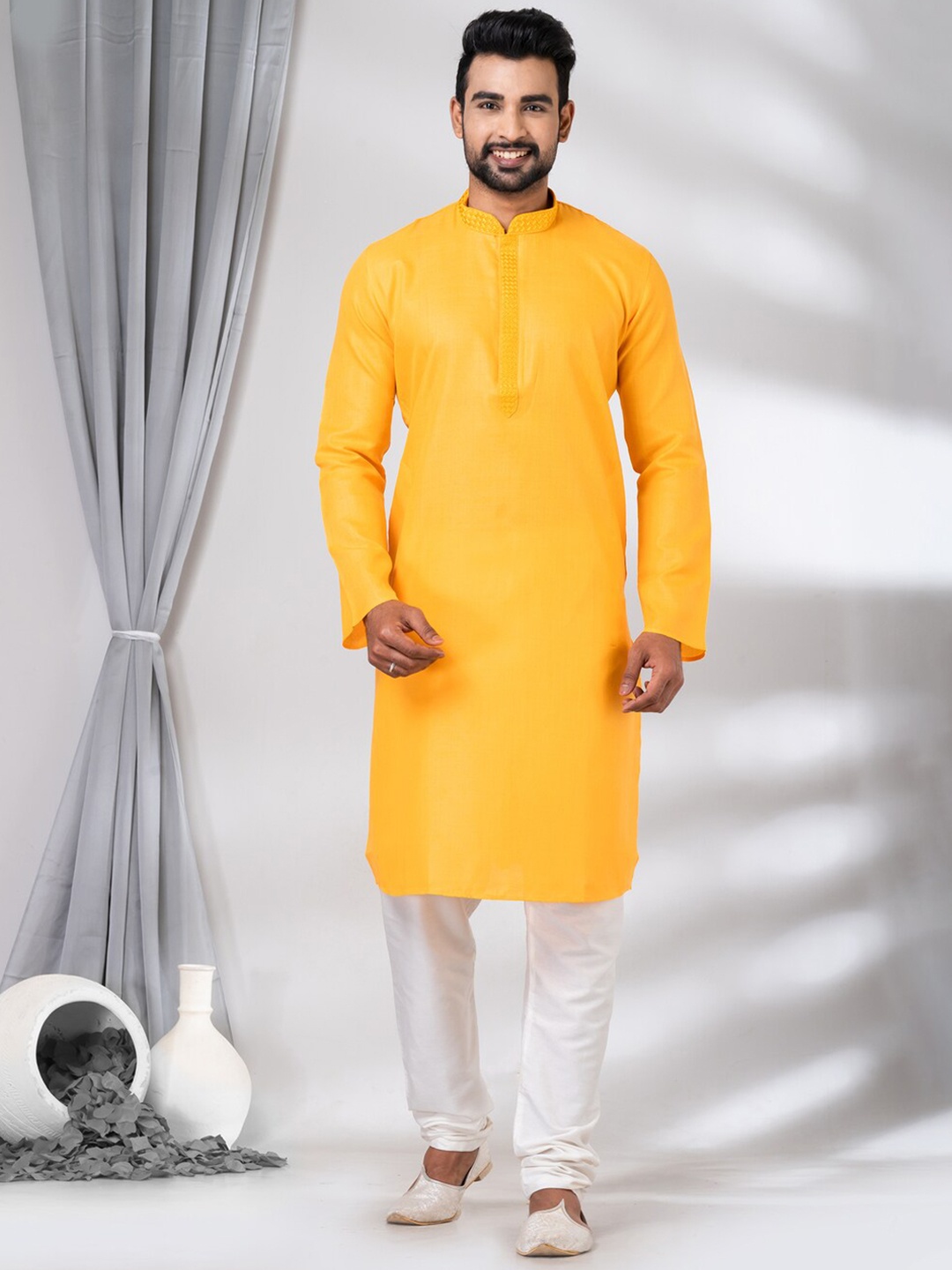 

HU - Handcrafted Uniquely Mandarin Collar Cotton Kurta, Yellow