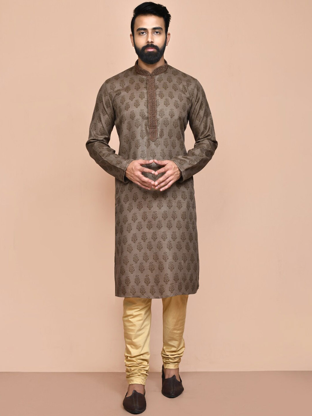 

HU - Handcrafted Uniquely Ethnic Motifs Printed Mirror Work Straight Cotton Kurta, Brown