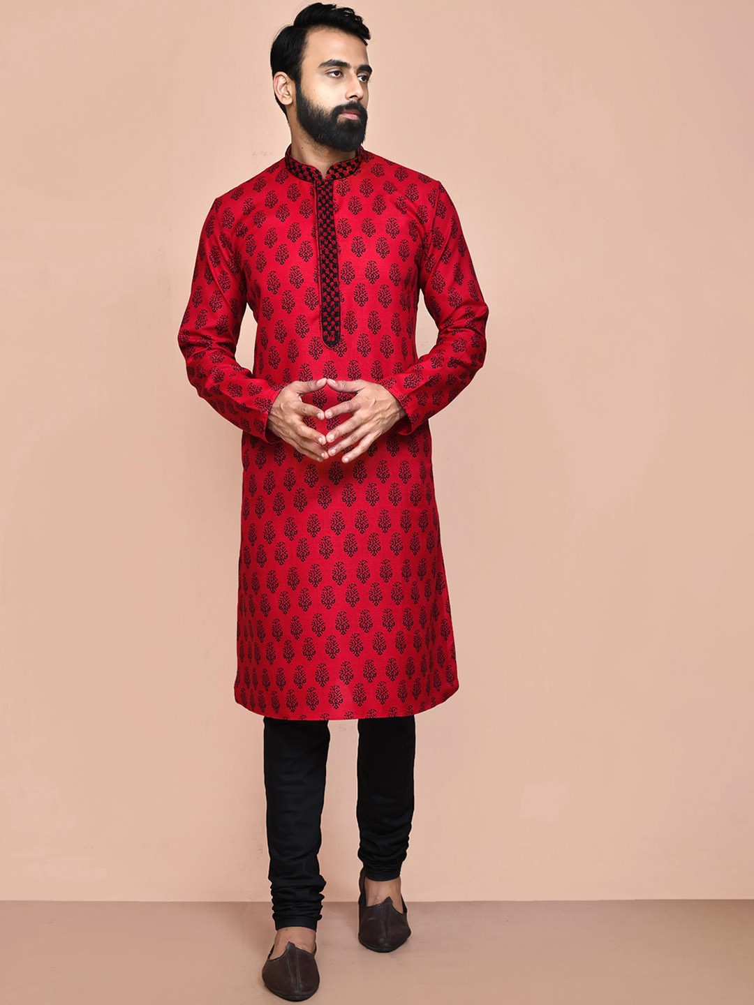 

HU - Handcrafted Uniquely Ethnic Motifs Printed Mandarin Collar Straight Kurta, Red