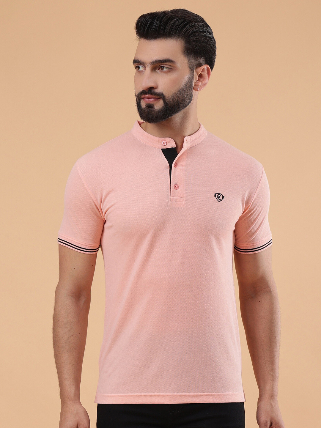 

WE PERFECT Mandarin Collar Short Sleeves Cotton Casual T-shirt, Orange