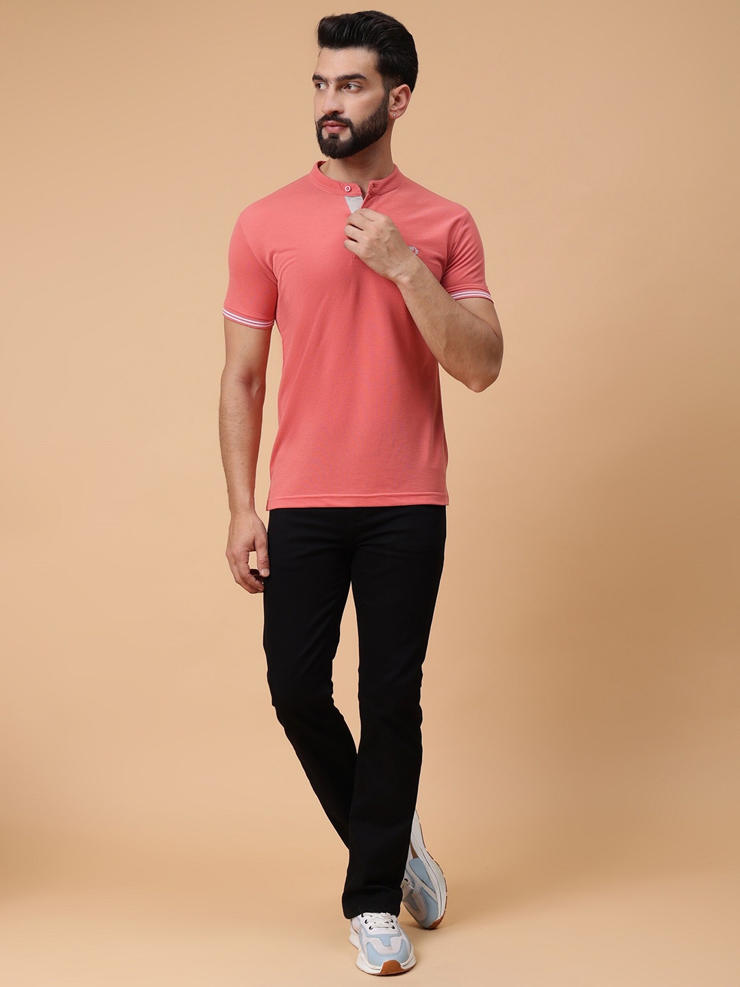 

WE PERFECT Henley Neck Cotton T-shirt, Peach
