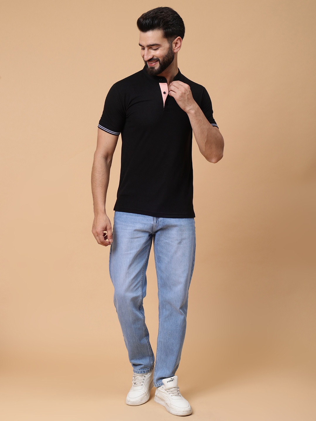 

WE PERFECT Mandarin Collar Short Sleeves Cotton Casual T-shirt, Black