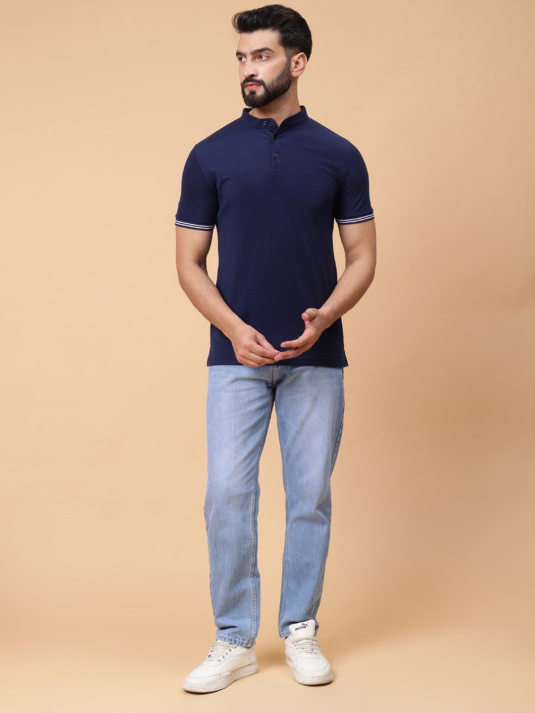

WE PERFECT Mandarin Collar Short Sleeves Cotton Casual T-shirt, Navy blue