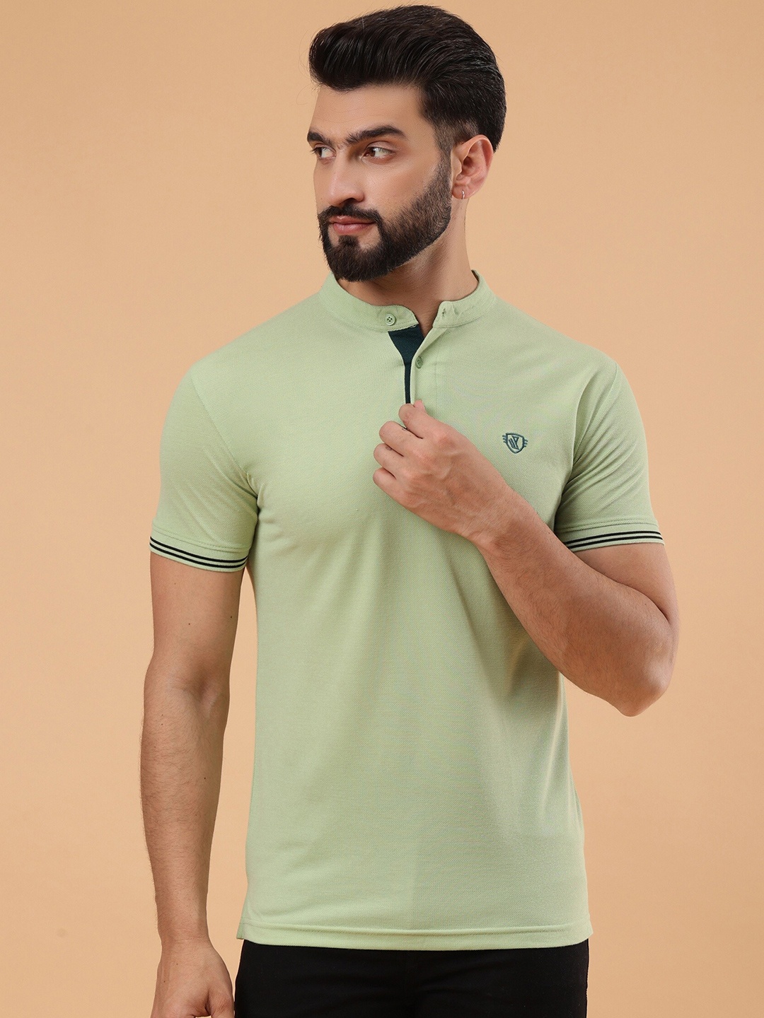 

WE PERFECT Green Solid Short Sleeves Band Collar Regular Fit T-shirt