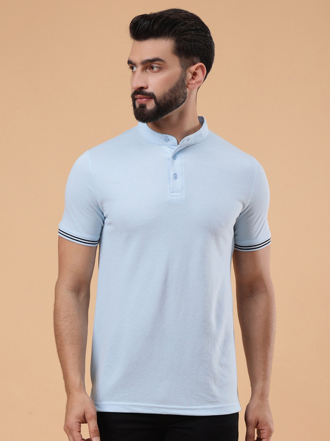 

WE PERFECT Blue Solid Short Sleeves Band Collar Regular Fit T-shirt