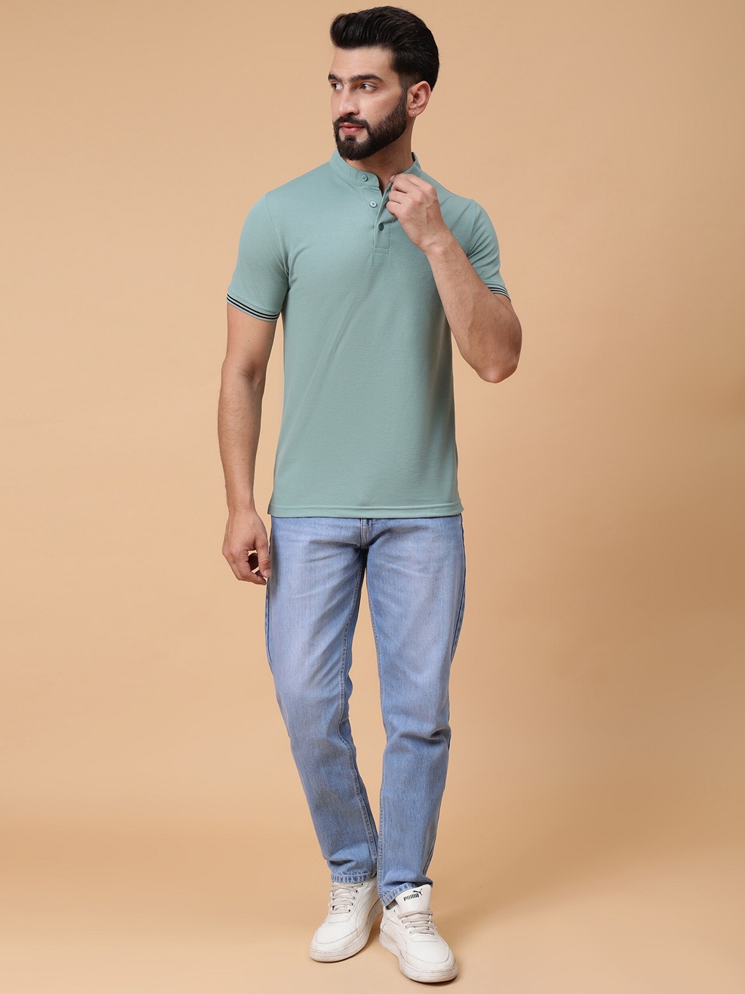 

WE PERFECT Henley Neck Cotton T-shirt, Green
