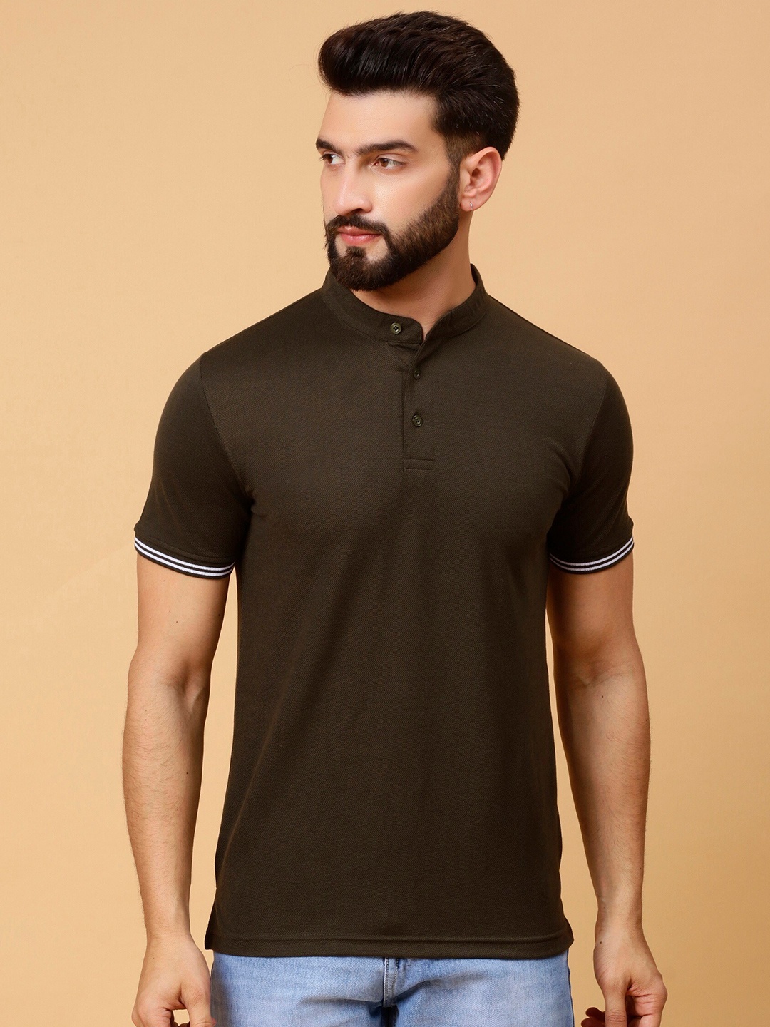 

WE PERFECT Mandarin Collar Short Sleeves Cotton Casual T-shirt, Olive