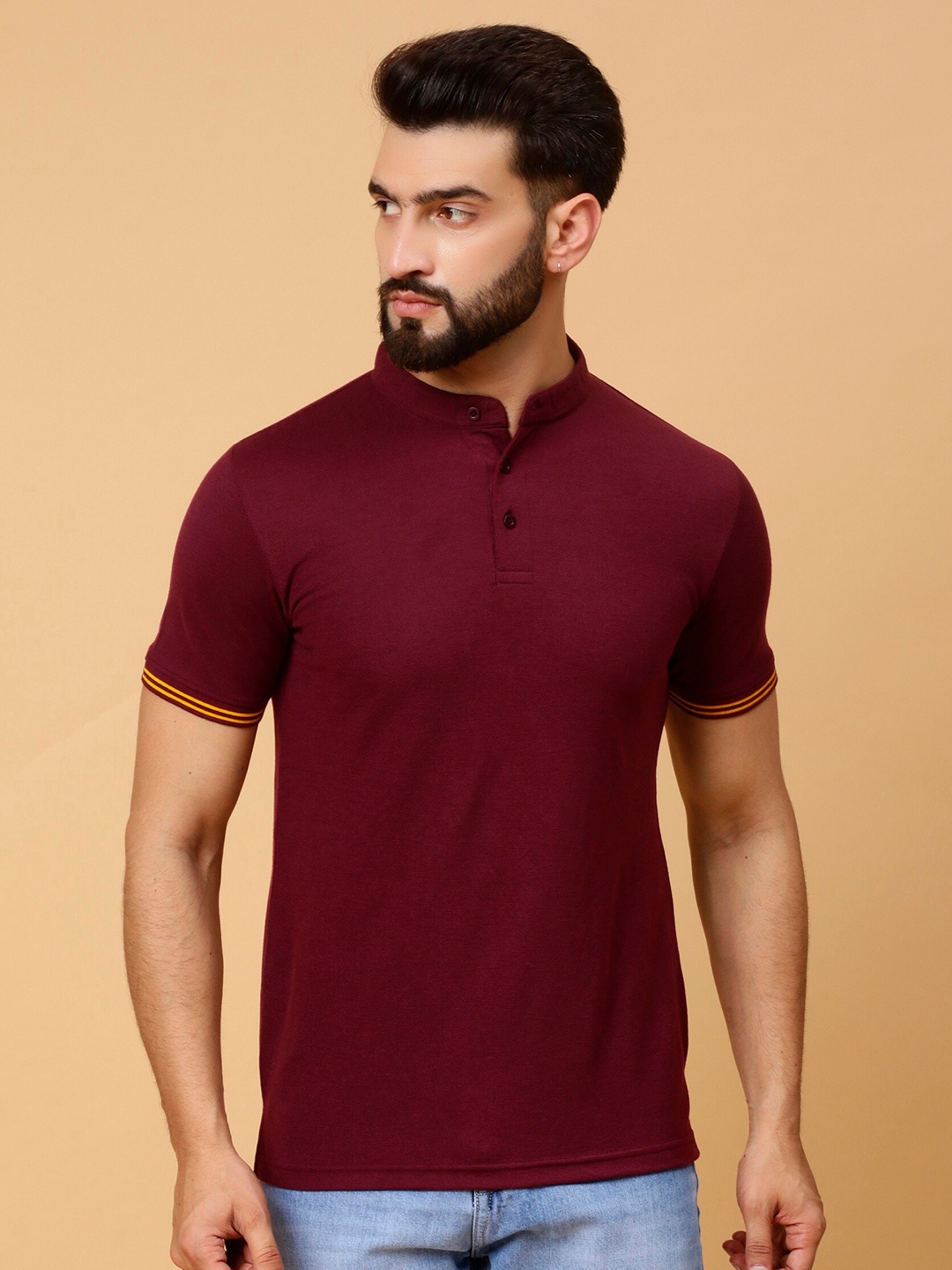 

WE PERFECT Mandarin Collar Short Sleeves Cotton Casual T-shirt, Maroon