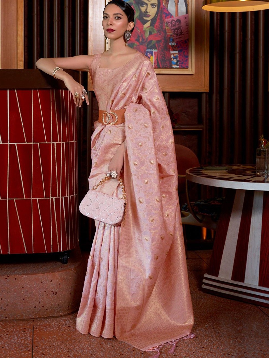 

MySilkLove Woven Design Zari Silk Blend Tussar Saree, Pink