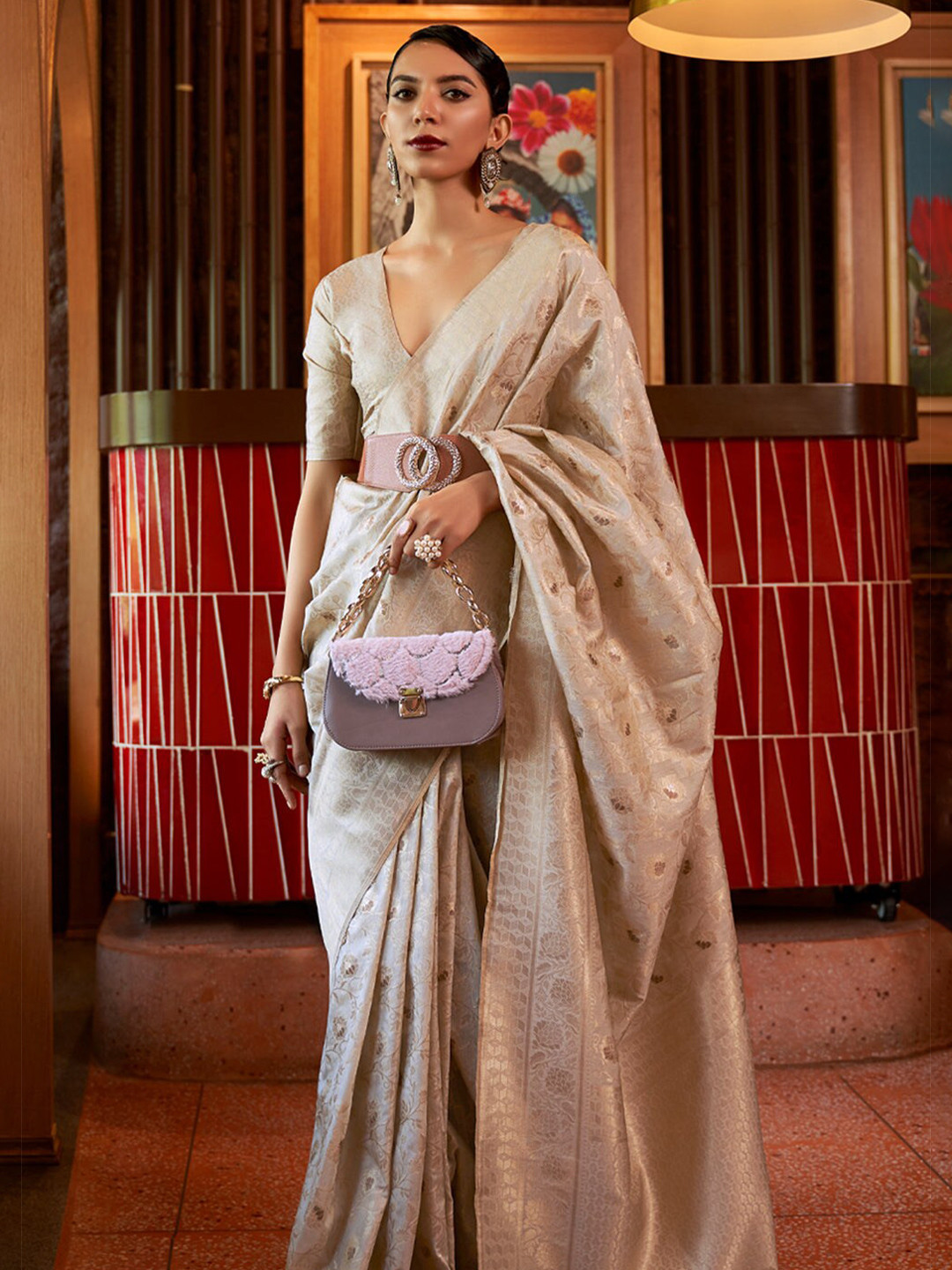 

MySilkLove Woven Design Zari Silk Blend Tussar Saree, Cream