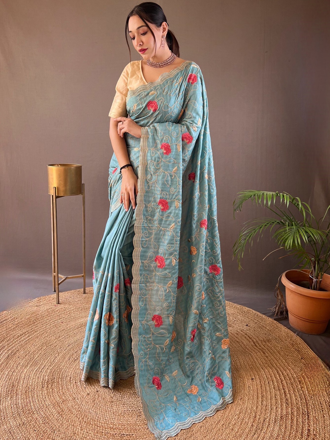 

LeeliPeeri Designer Ethnic Motifs Embroidered Silk Blend Heavy Work Tussar Saree, Blue