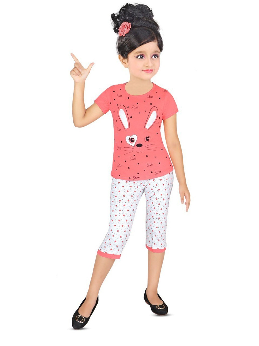 

BAESD Girls Graphic Printed Round Neck Short Top with Capris, Pink