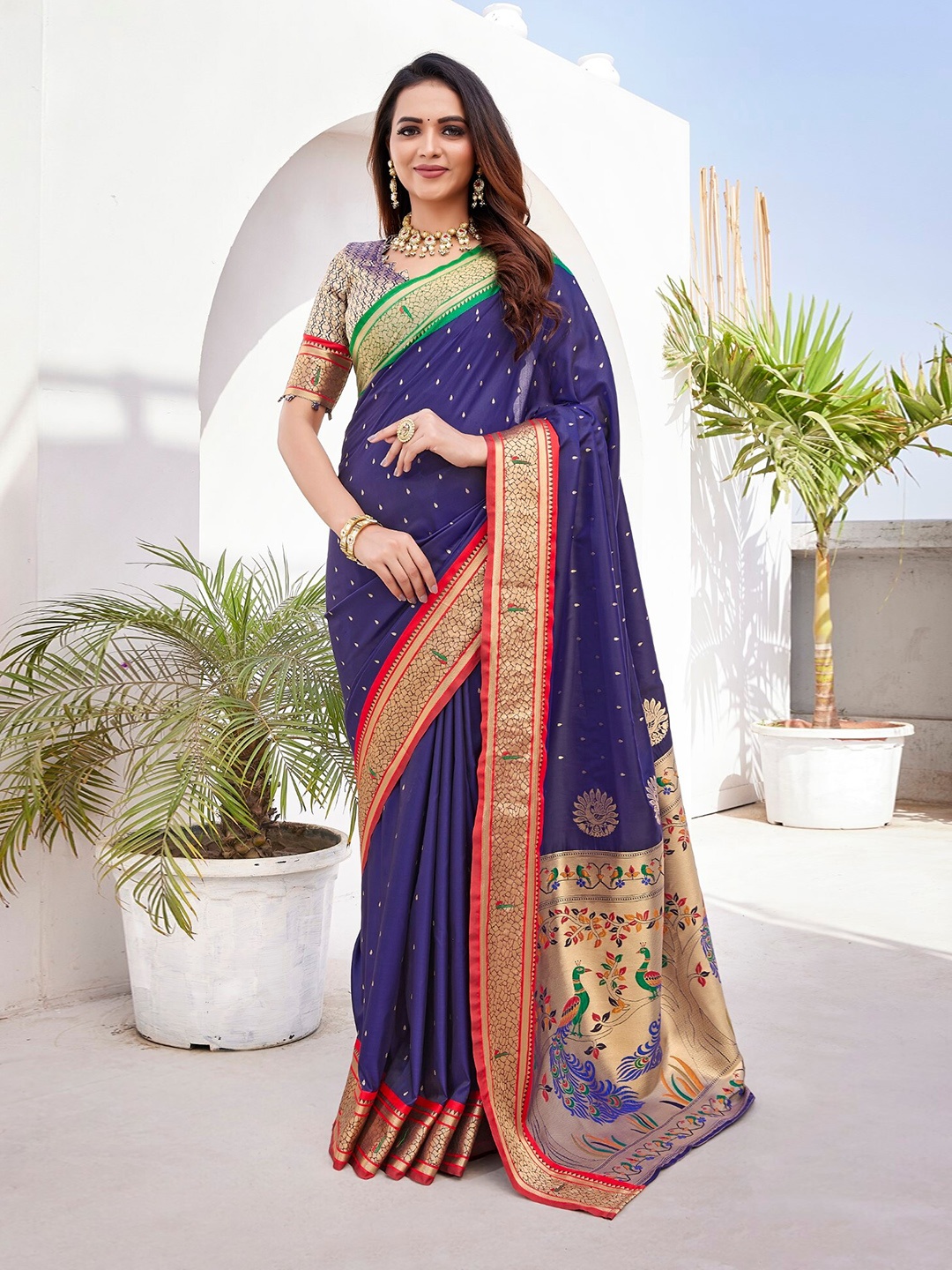 

LeeliPeeri Designer Ethnic Motifs Zari Silk Blend Paithani Saree, Navy blue