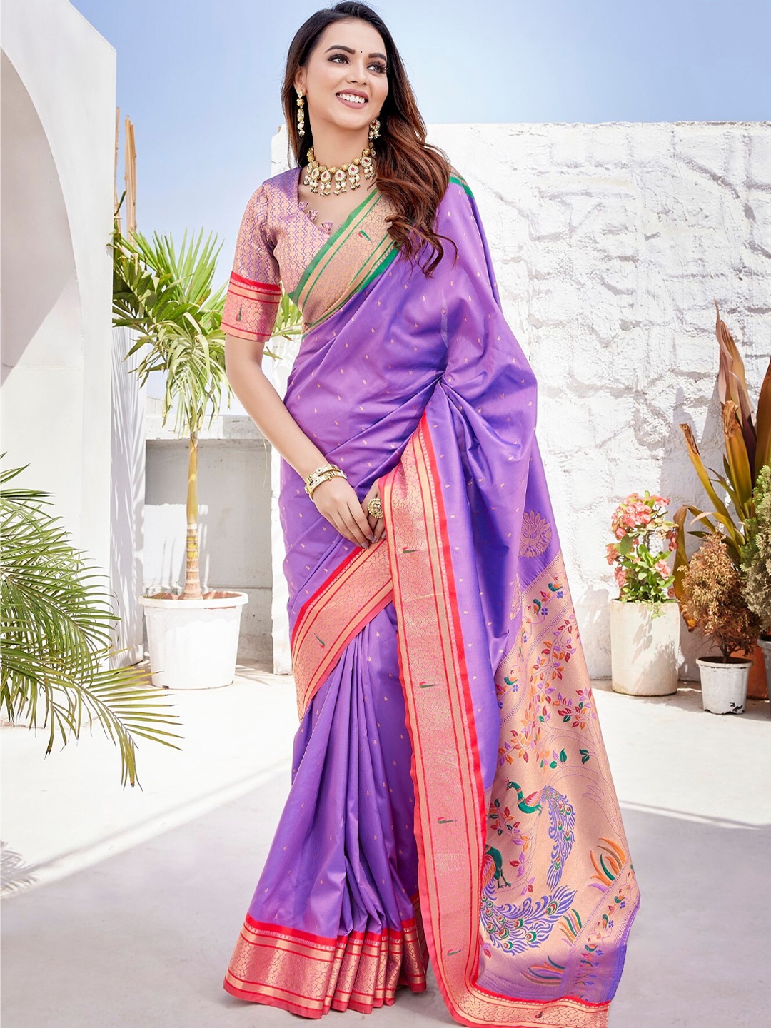 

LeeliPeeri Designer Woven Design Zari Silk Blend Chanderi Saree, Lavender