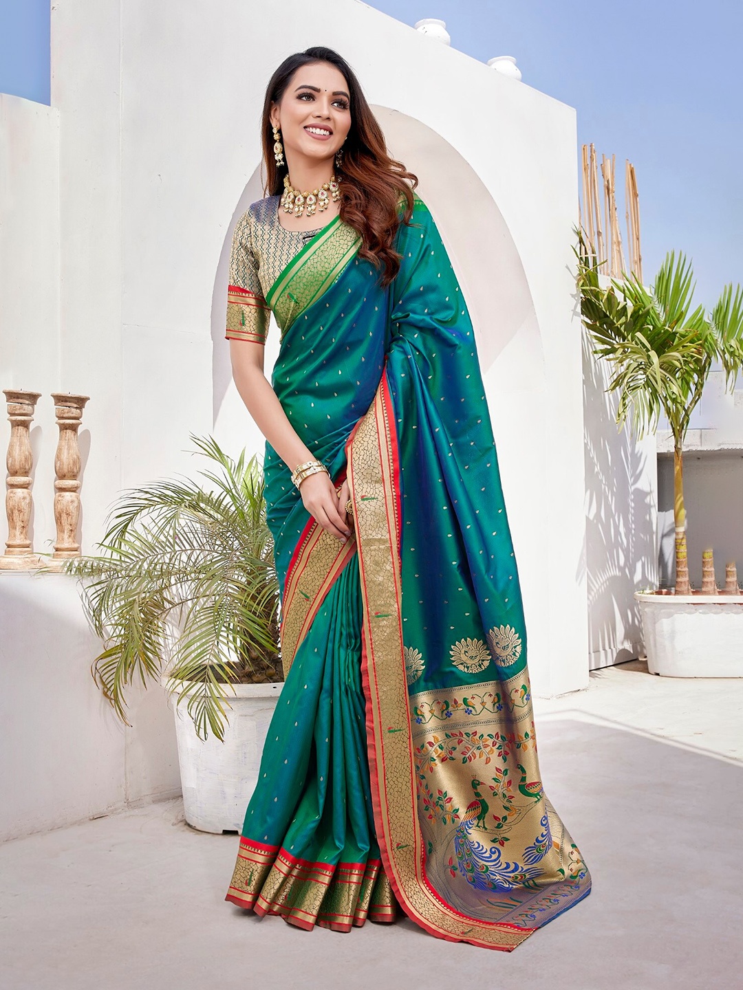 

LeeliPeeri Designer Ethnic Motifs Zari Silk Blend Chanderi Saree, Green