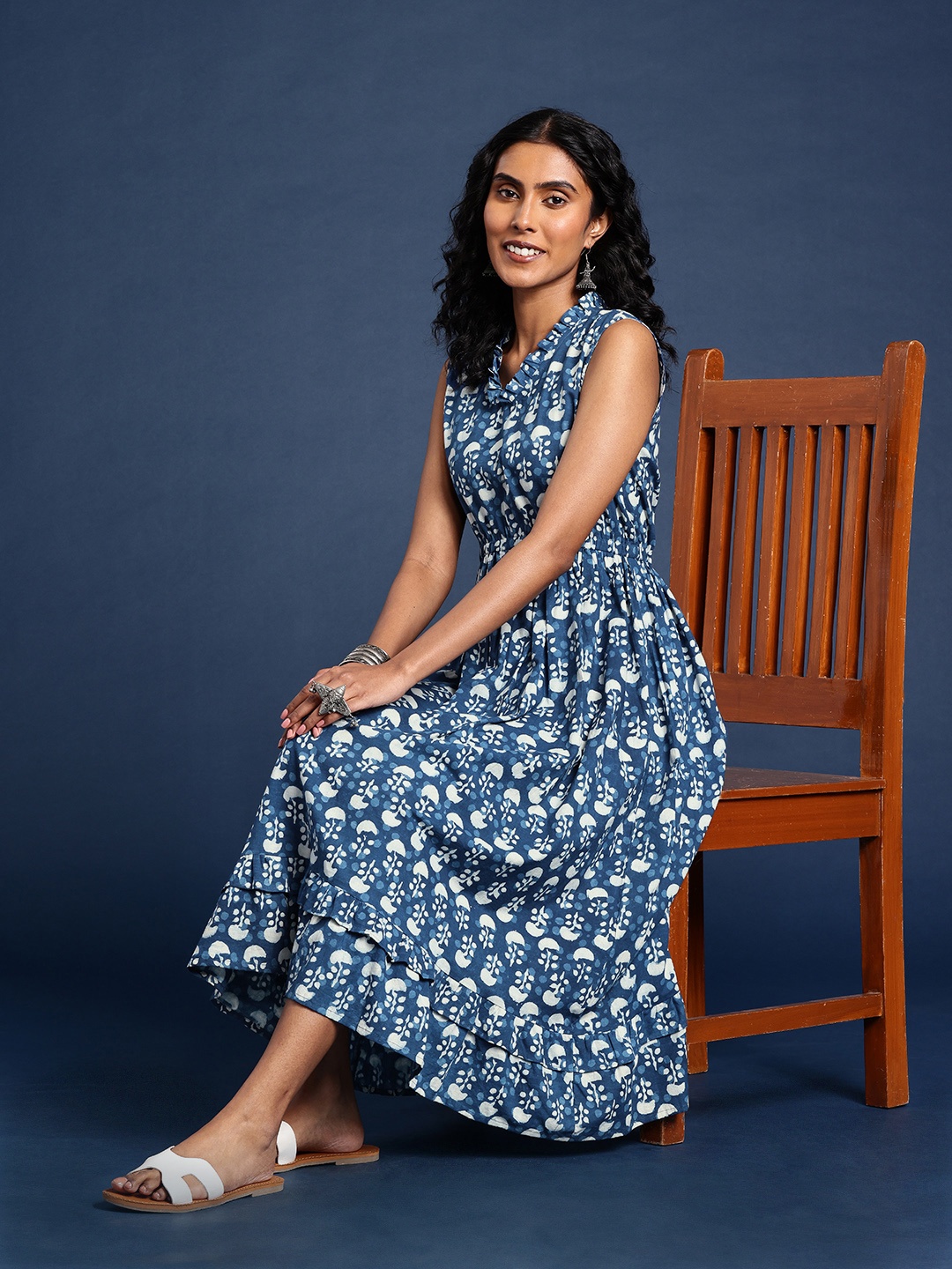 

Taavi Indigo Hand Block Printed Pure Cotton Fit & Flare Dress, Blue