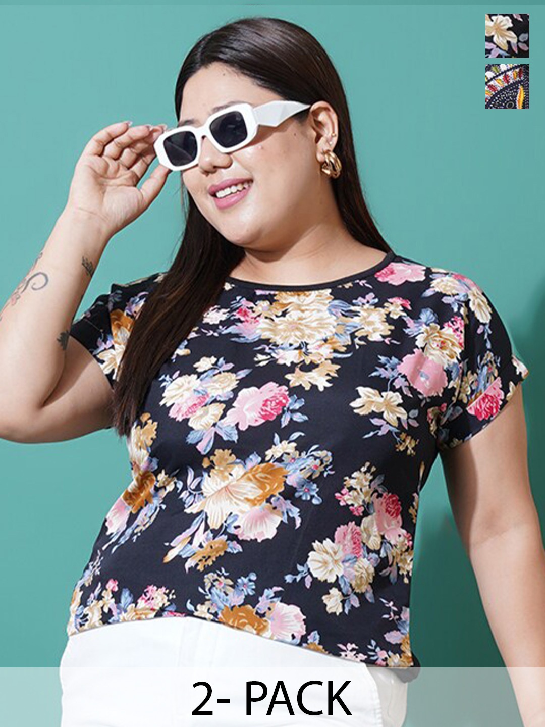 

U&F Beyond Plus Size Pack Of 2 Floral Printed Slim Fit T-shirts, Black