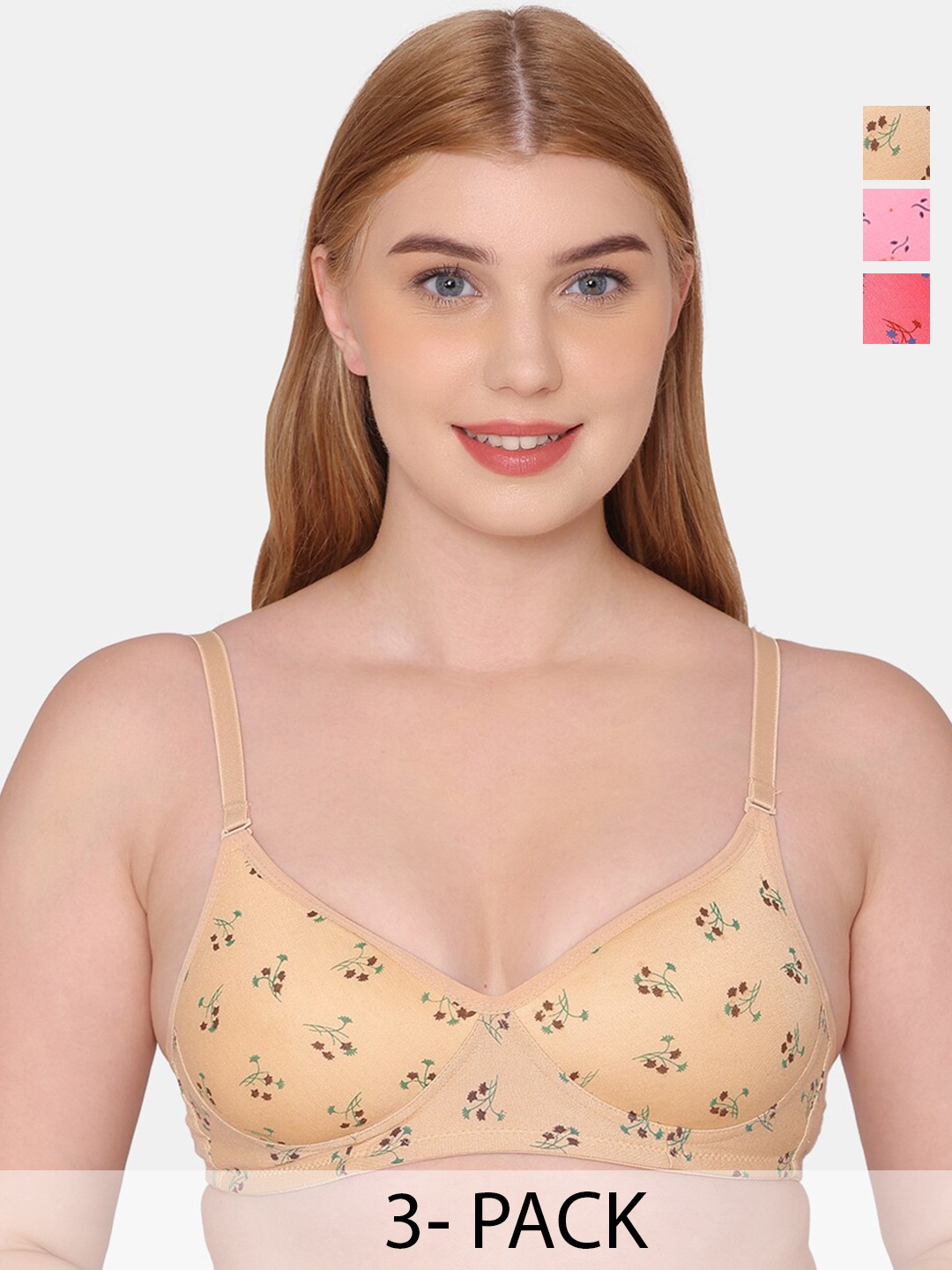 

KOMLI Pack of 3 Floral Printed Full Coverage Lightly Padded T-shirt Bra-All Day Comfort, Pink