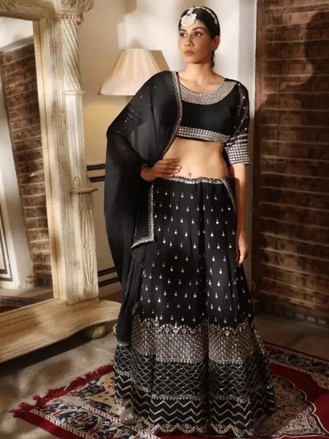 

Rujave Embellished Sequinned Semi-Stitched Lehenga & Unstitched Blouse With Dupatta, Black