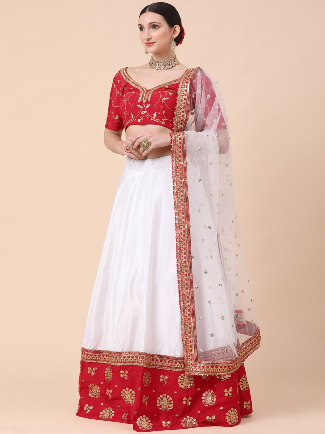 

Rujave Embellished Thread Work Semi-Stitched Lehenga & Unstitched Blouse With Dupatta, White