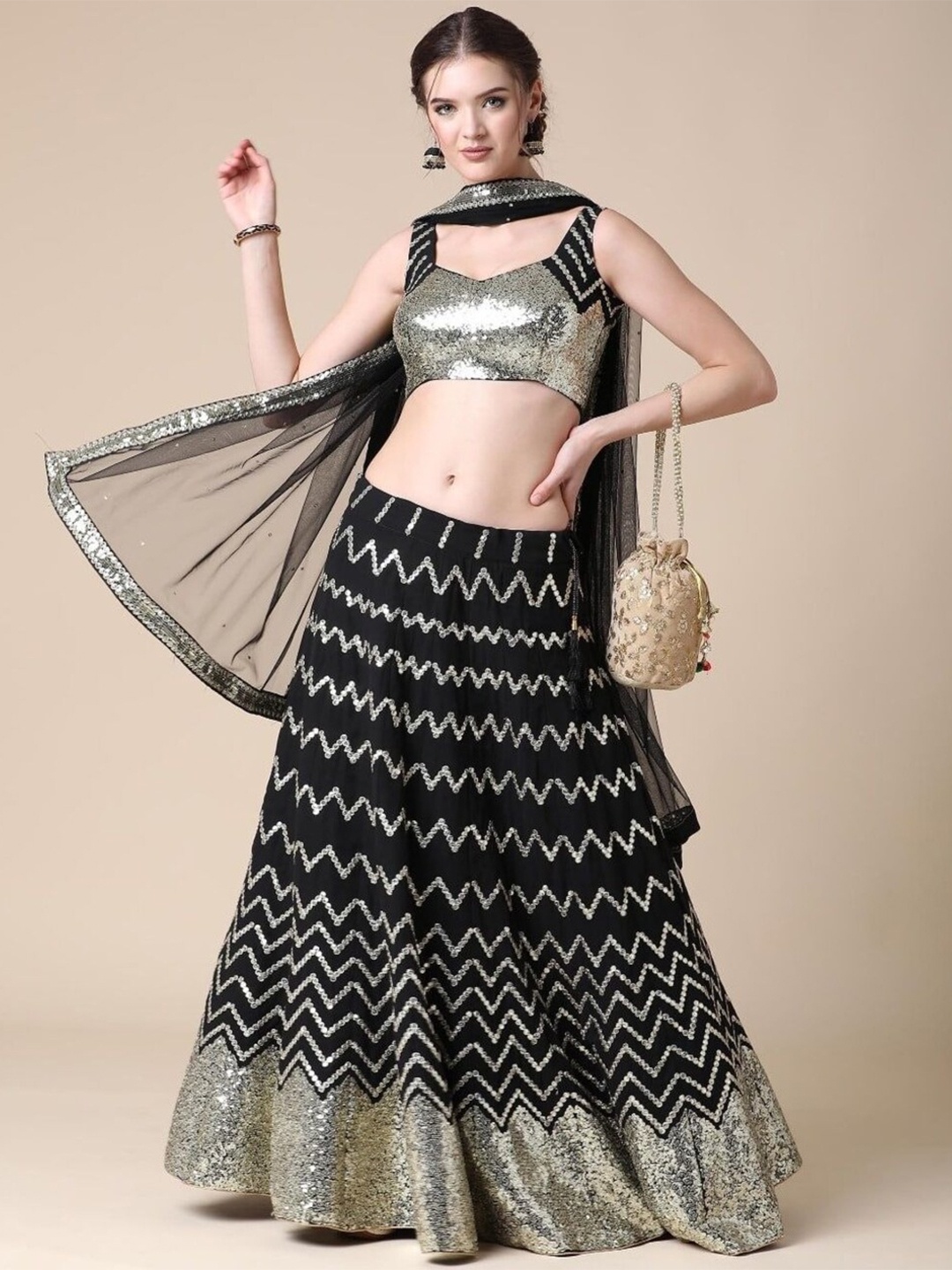 

Rujave Embellished Sequinned Semi-Stitched Lehenga & Unstitched Blouse With Dupatta, Black