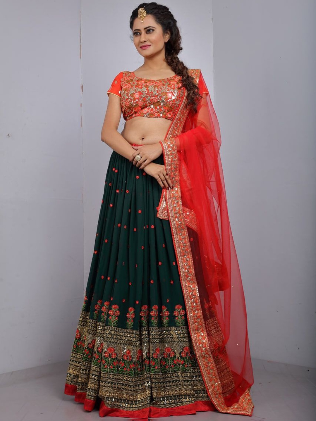 

Rujave Embellished Thread Work Semi-Stitched Lehenga & Unstitched Blouse With Dupatta, Green