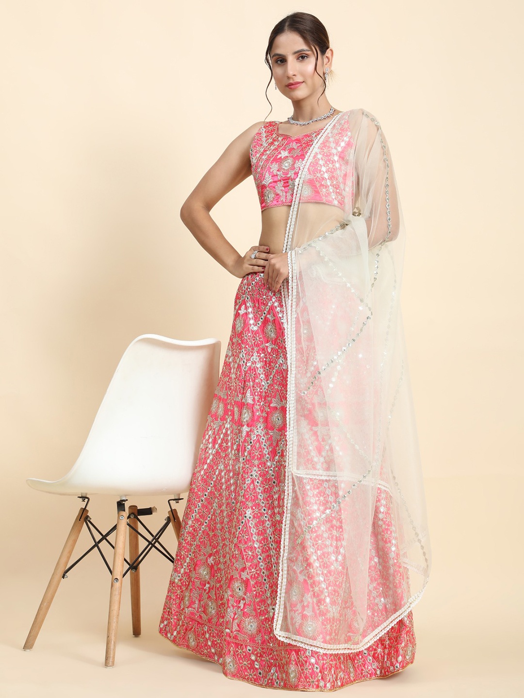 

Rujave Embellished Thread Work Semi-Stitched Lehenga & Unstitched Blouse With Dupatta, Peach