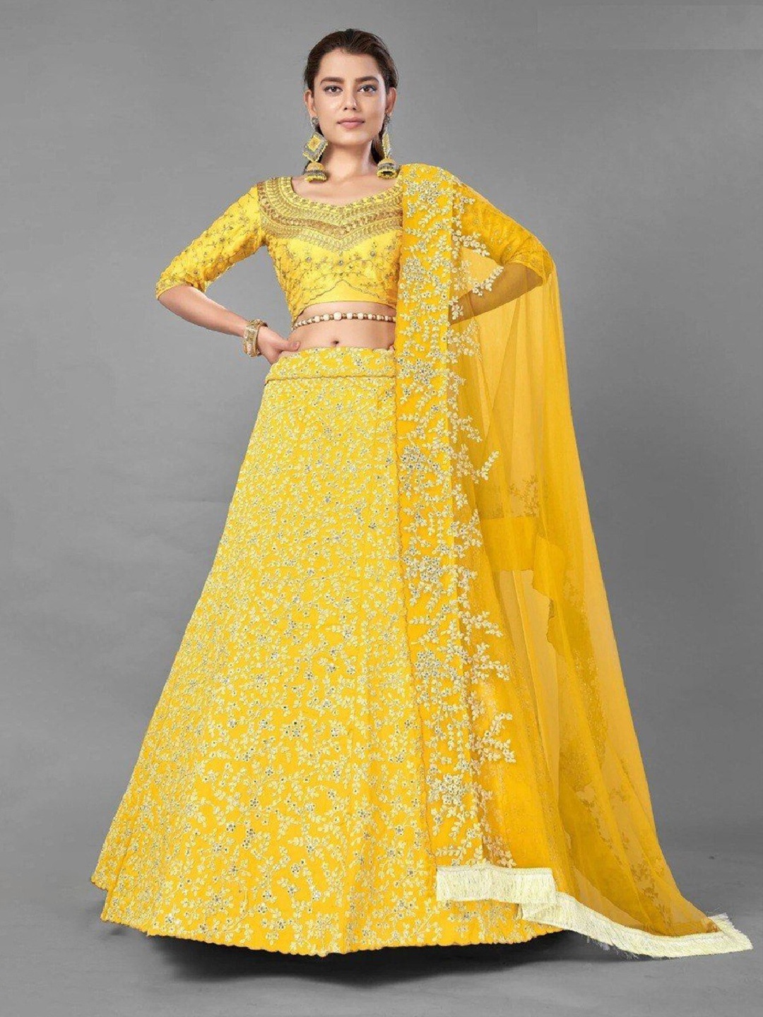 

Rujave Embroidered Sequinned Semi-Stitched Lehenga & Unstitched Blouse With Dupatta, Yellow