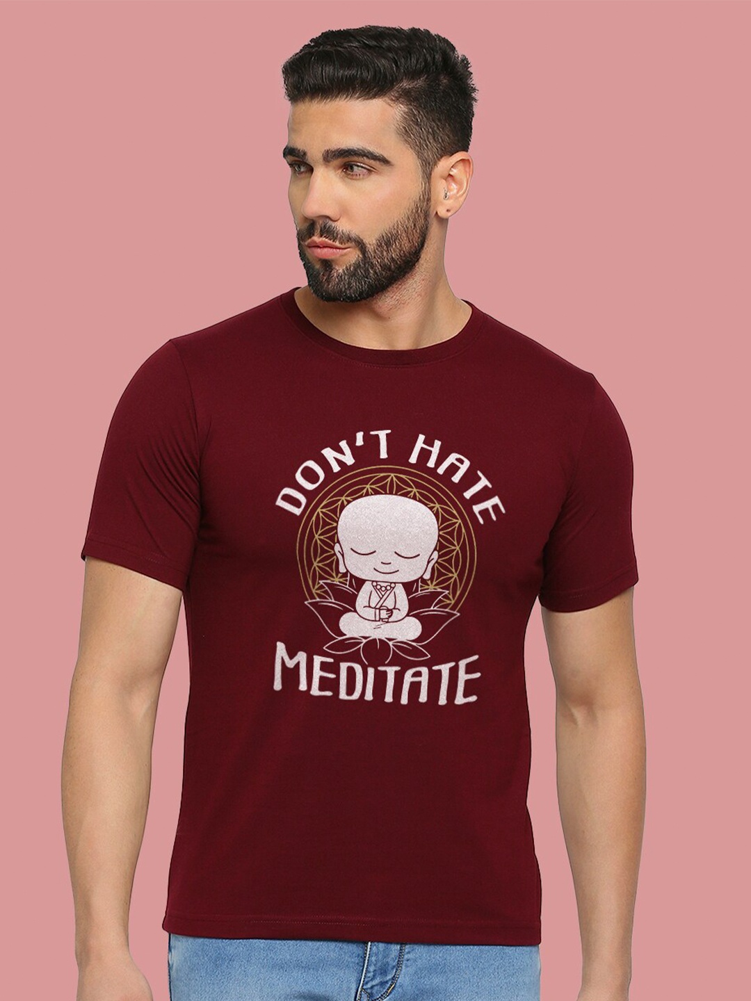 

MOD ECRU Printed Printed Round Neck Short Sleeves Cotton T-shirt, Maroon