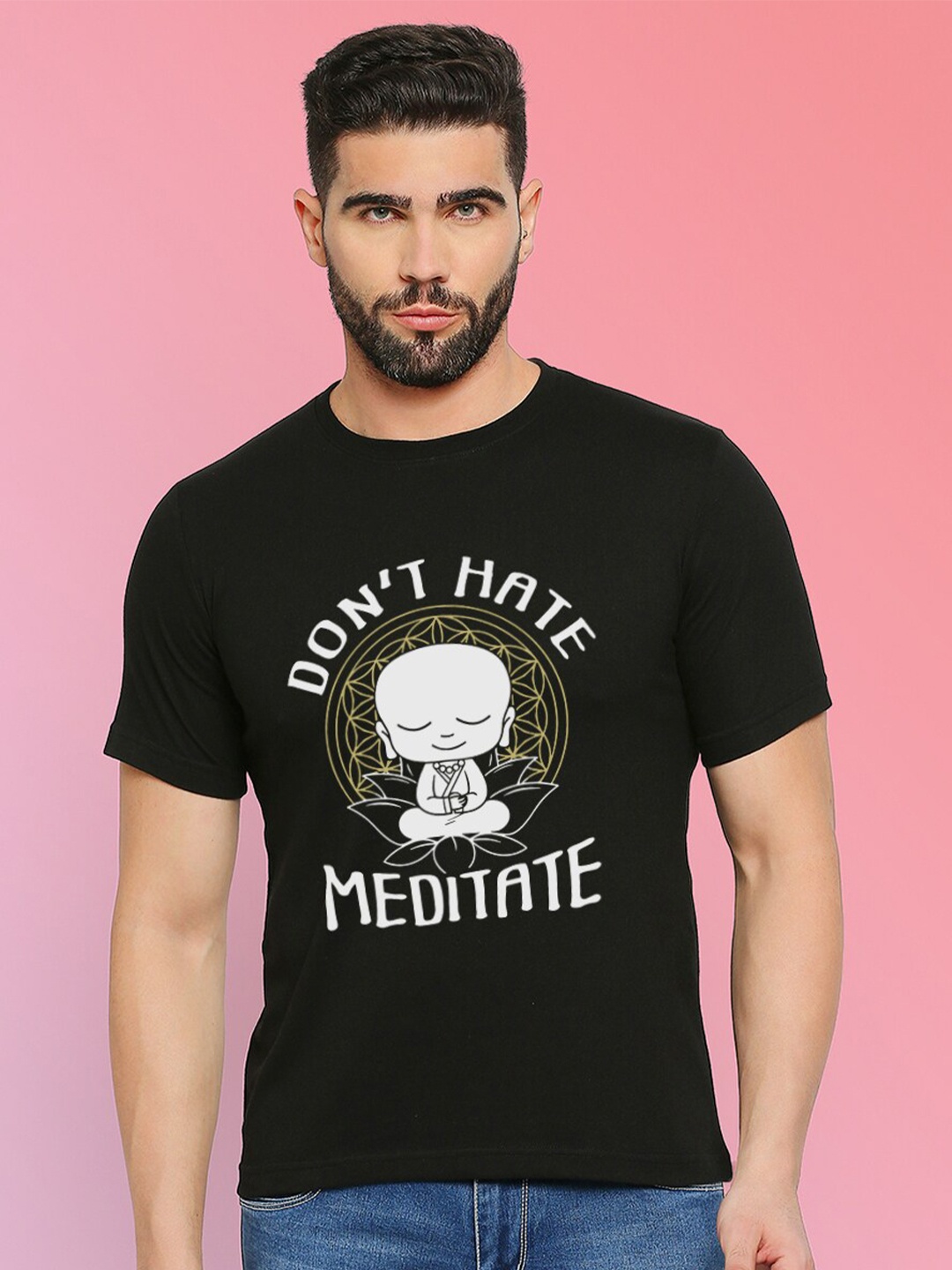 

MOD ECRU Varsity Printed Round Neck Short Sleeves Cotton T-shirt, Black