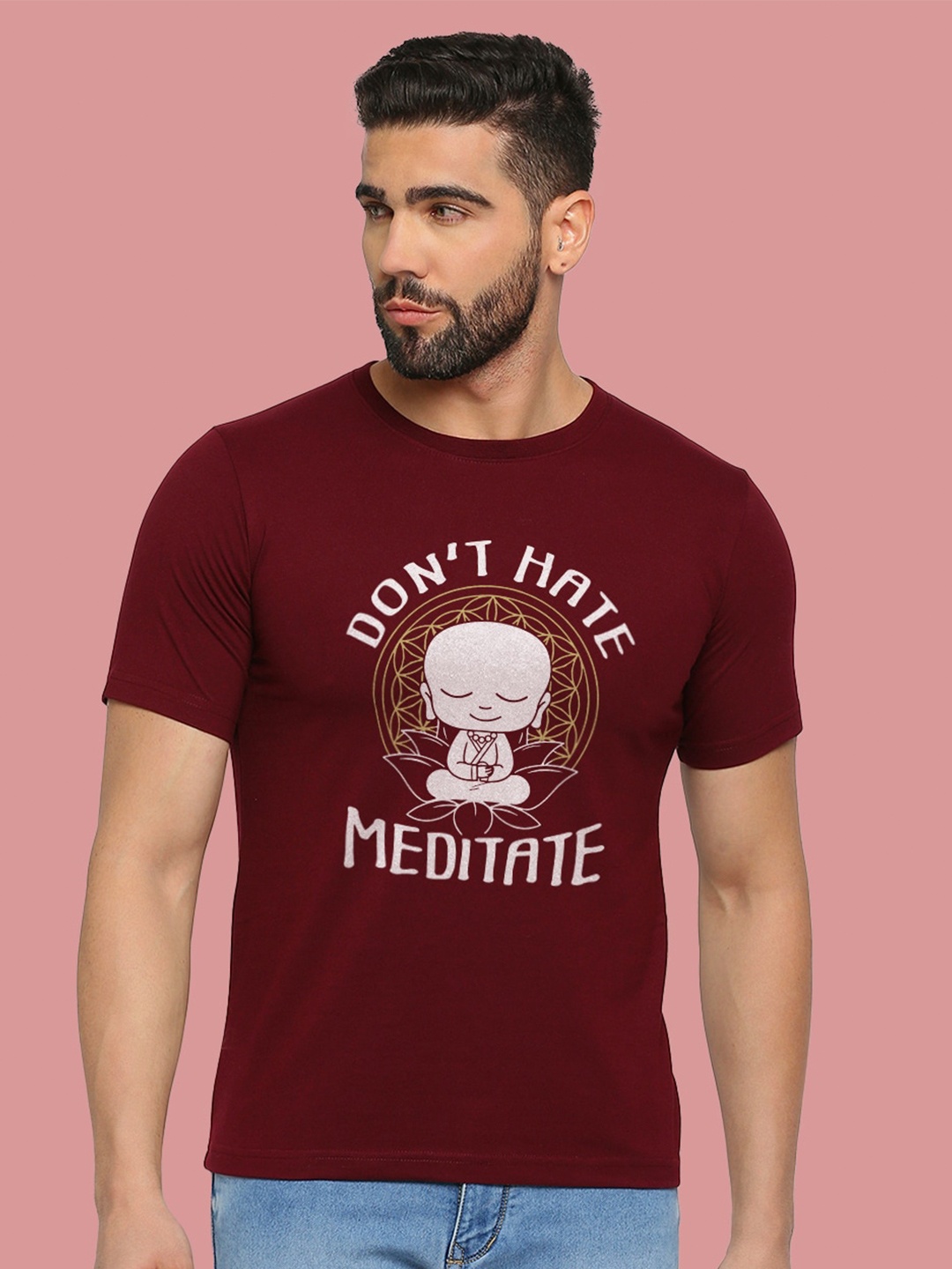 

MOD ECRU Typography Printed Round Neck Cotton T-shirt, Maroon