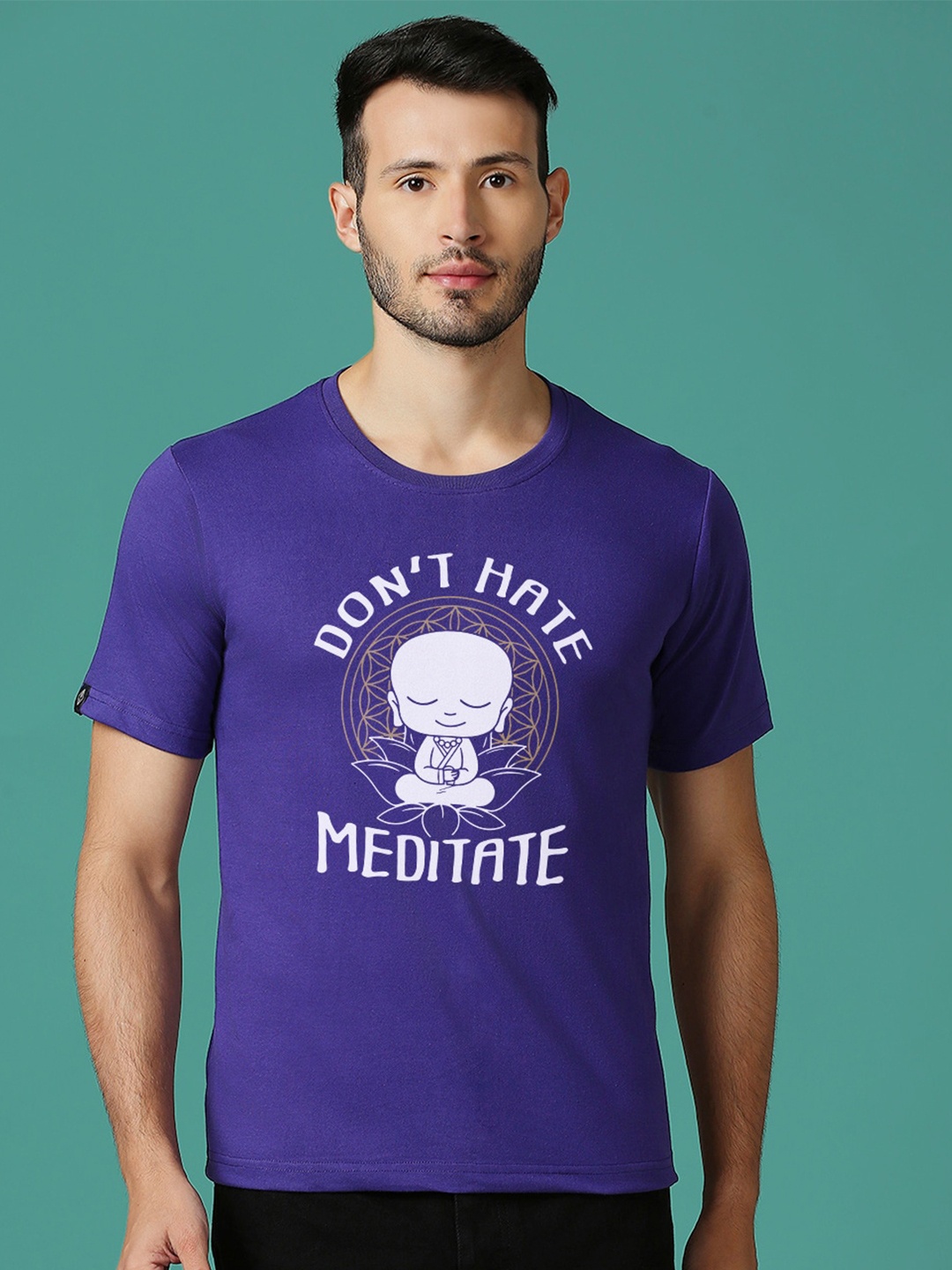 

MOD ECRU Typography Printed Round Neck Cotton T-shirt, Purple