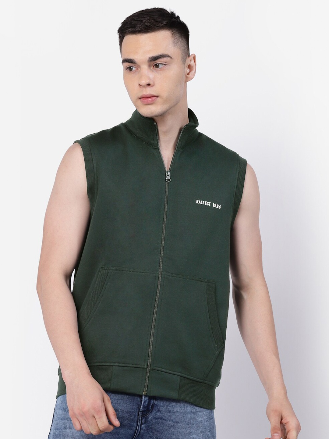 

Kalt Mock Collar Sleeveless Zipper Fleece Bomber Jacket, Green