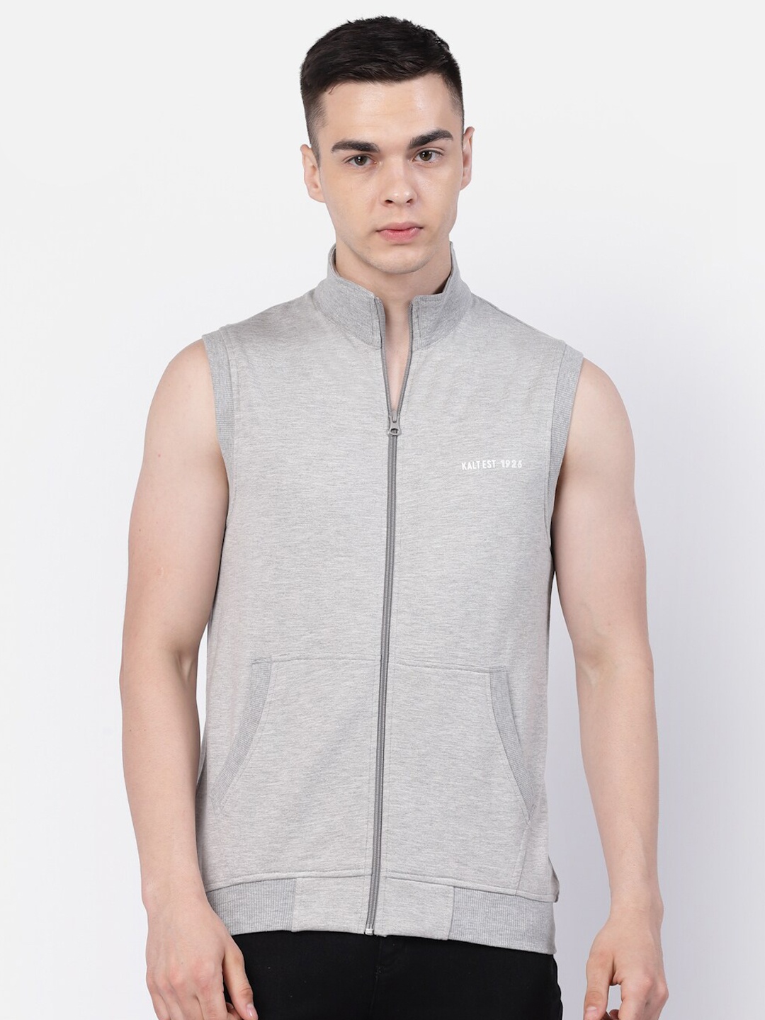 

Kalt Mock Collar Sleeveless Zipper Fleece Front-Open Sweatshirt, Grey melange