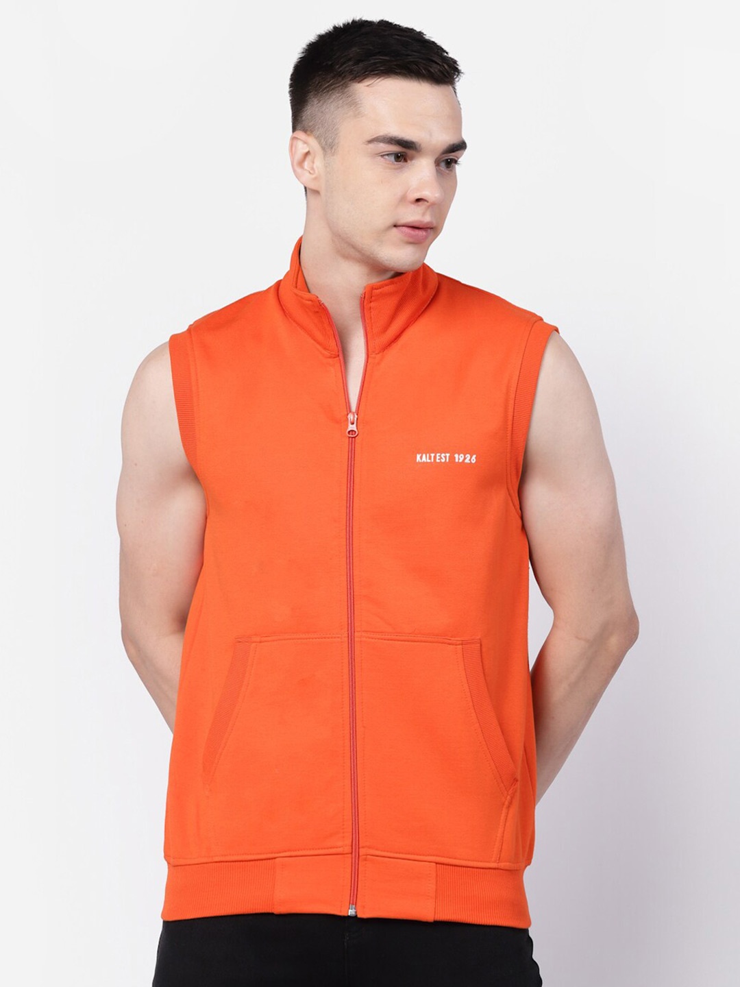 

Kalt Mock Collar Sleeveless Zipper Fleece Bomber Jacket, Orange