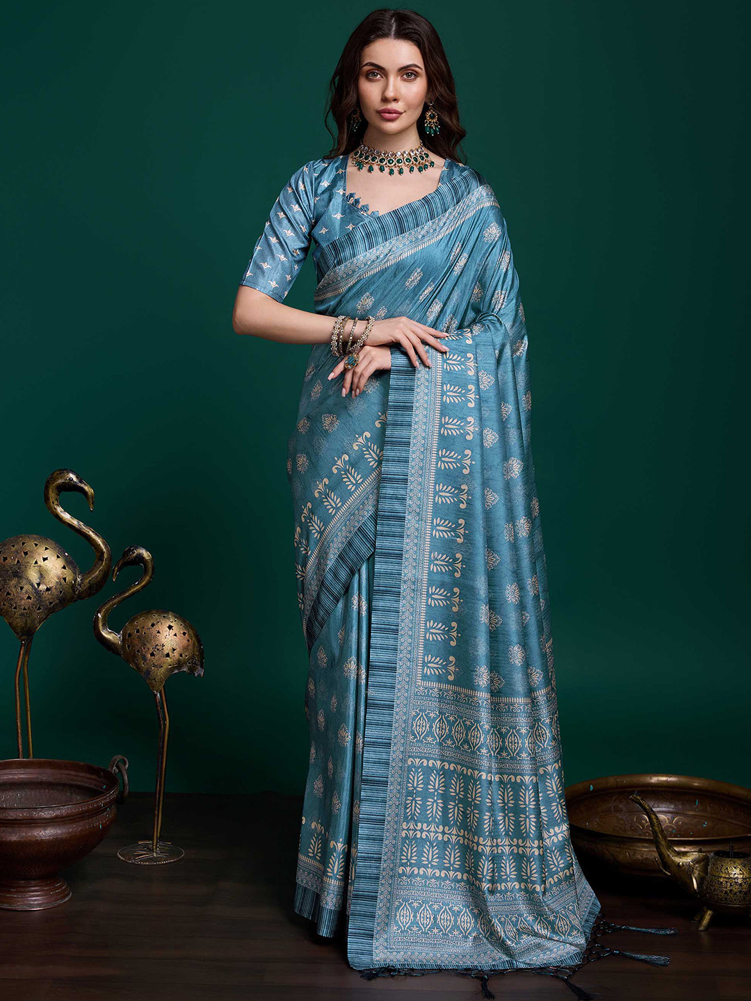 

Mitera Sambhalpuri Kalamkari Printed Silk Saree, Teal