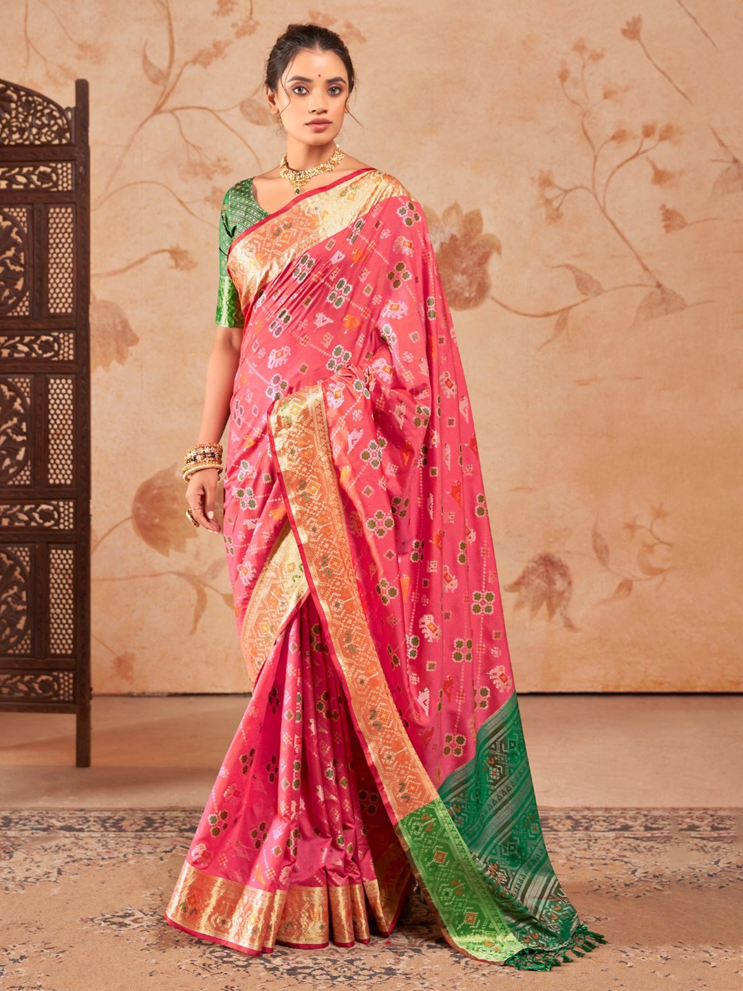 

MySilkLove Woven Design Zari Silk Blend Patola Saree, Pink