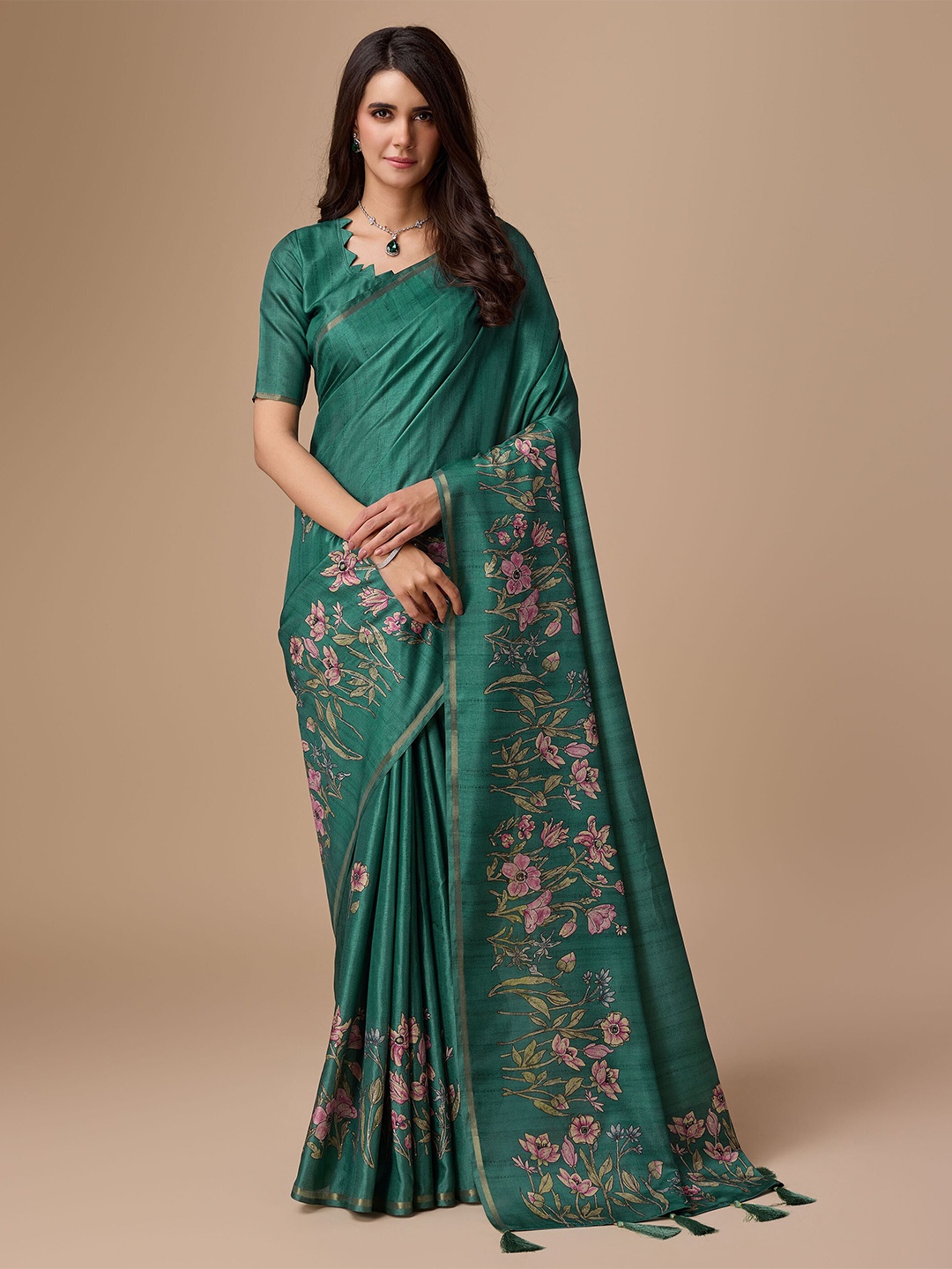 

Mitera Floral Zari Saree, Green