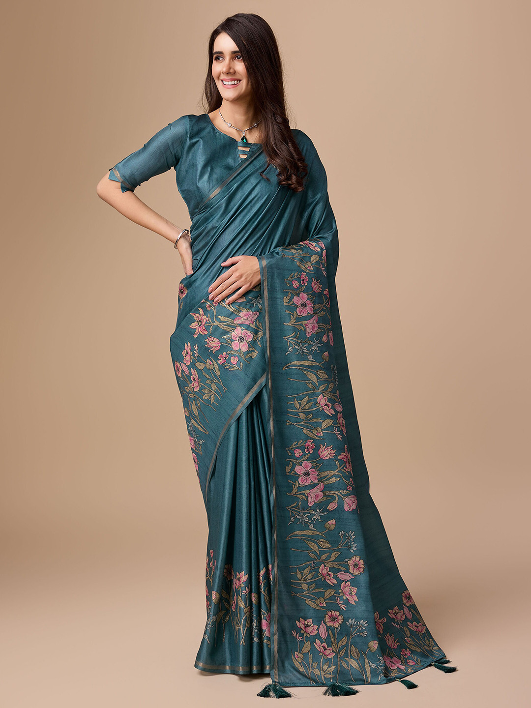 

Mitera Floral Zari Pure Silk Saree, Teal