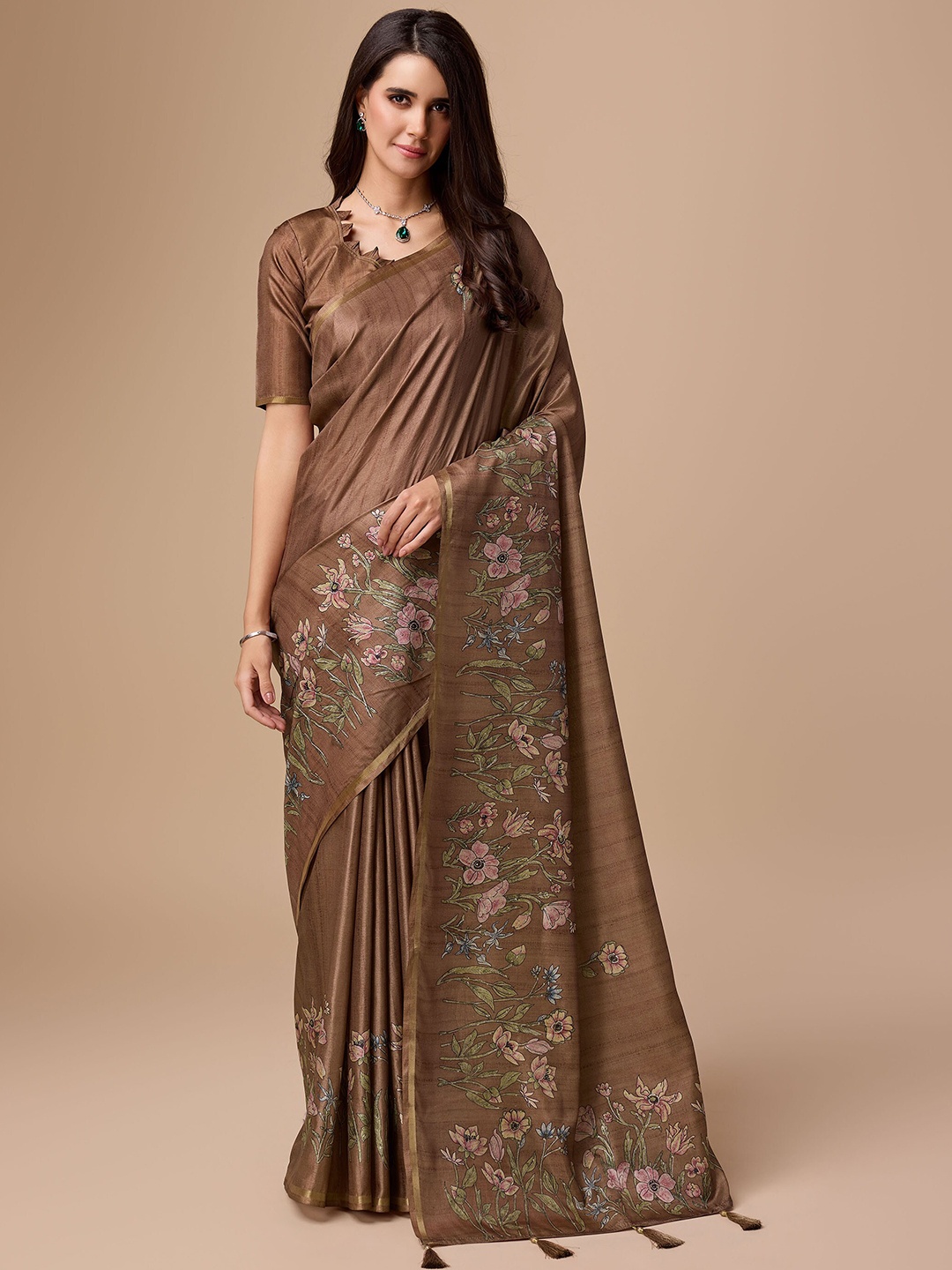 

Mitera Floral Pure Viscose Silk Saree, Brown