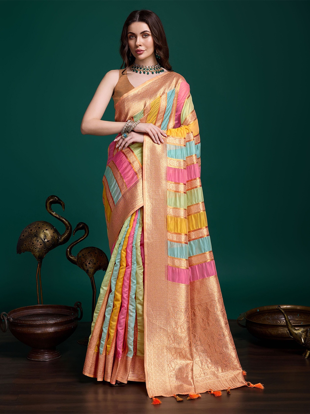 

Mitera Woven Design Zari Organza Saree, Orange