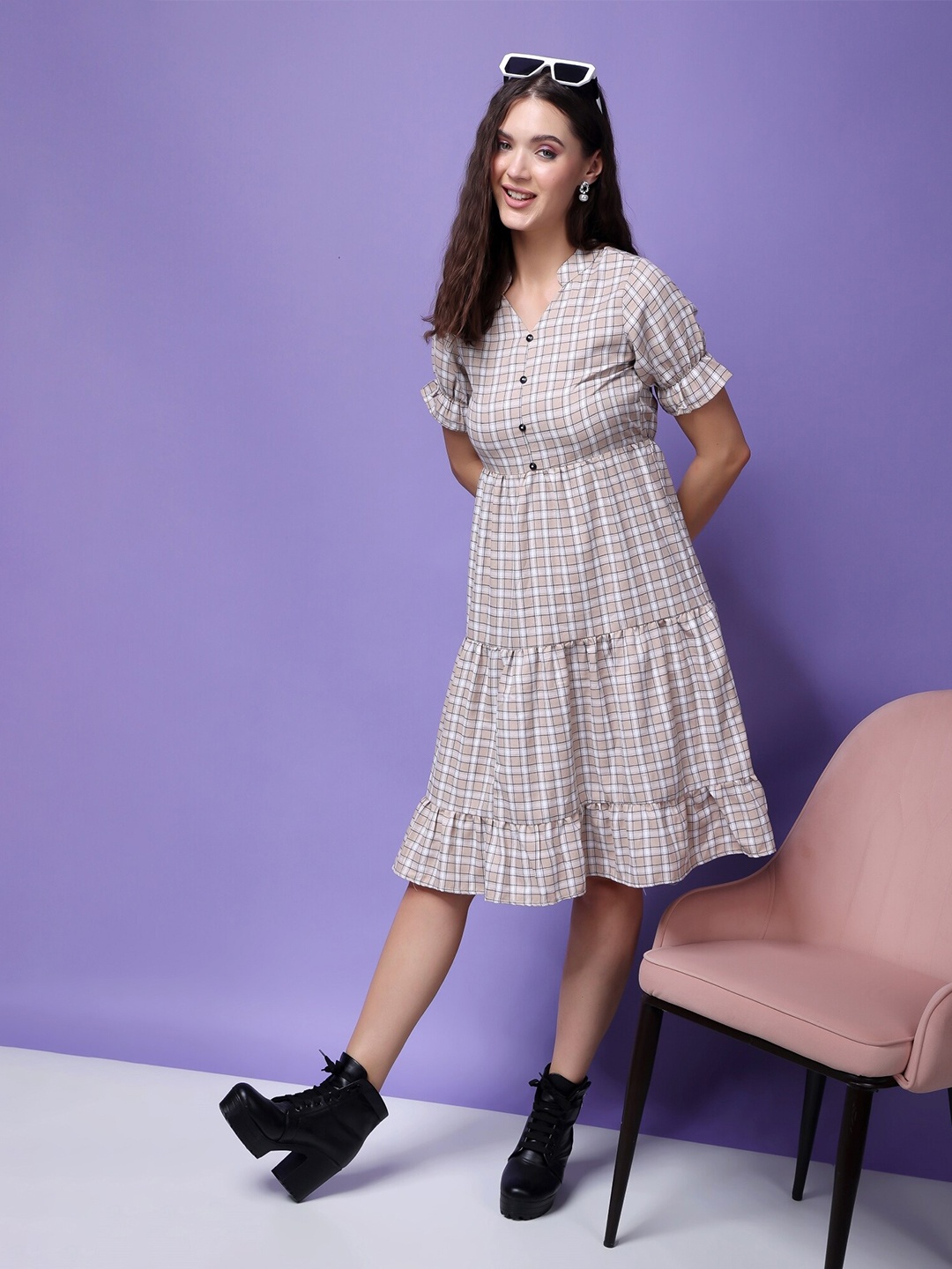 

Popwings Checked Fit & Flare Dress, Beige