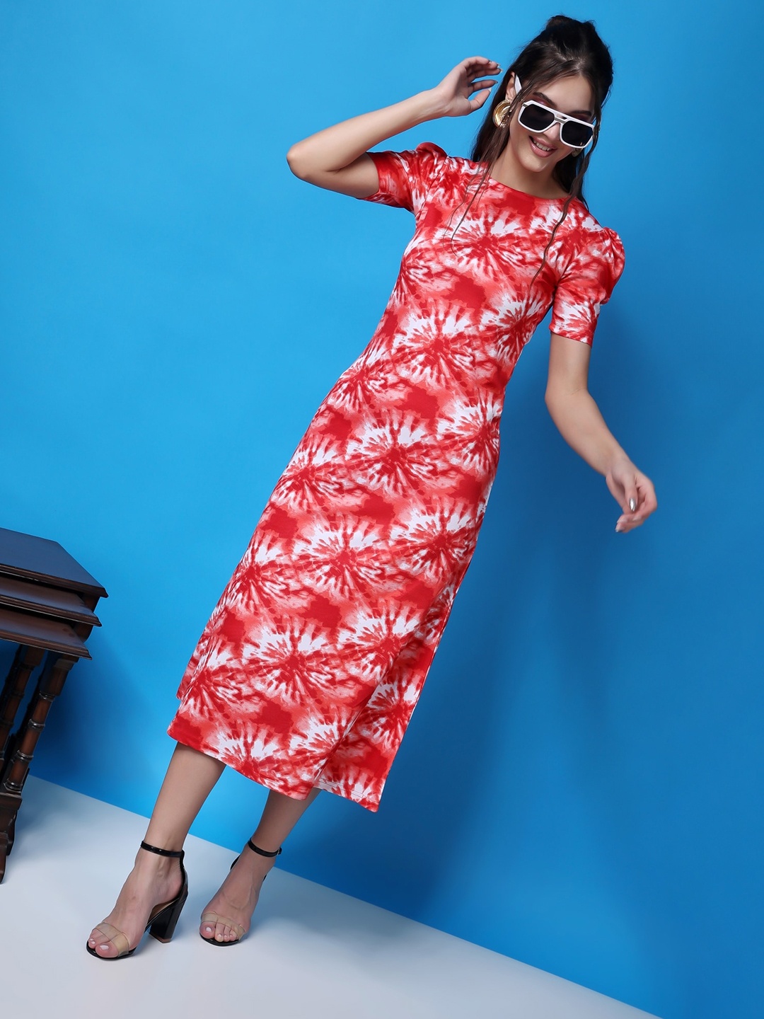 

Popwings Round Neck Short Puff Sleeves Floral Print A-Line Midi Dress, Red