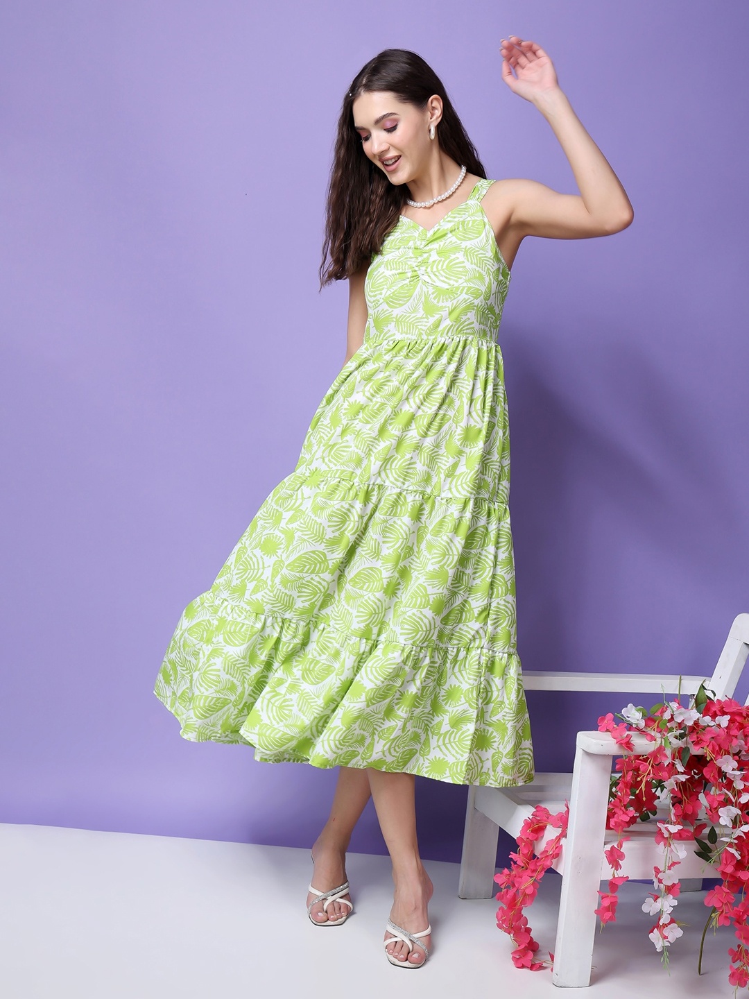 

Popwings Floral Printed Fit & Flare Midi Dress, Green