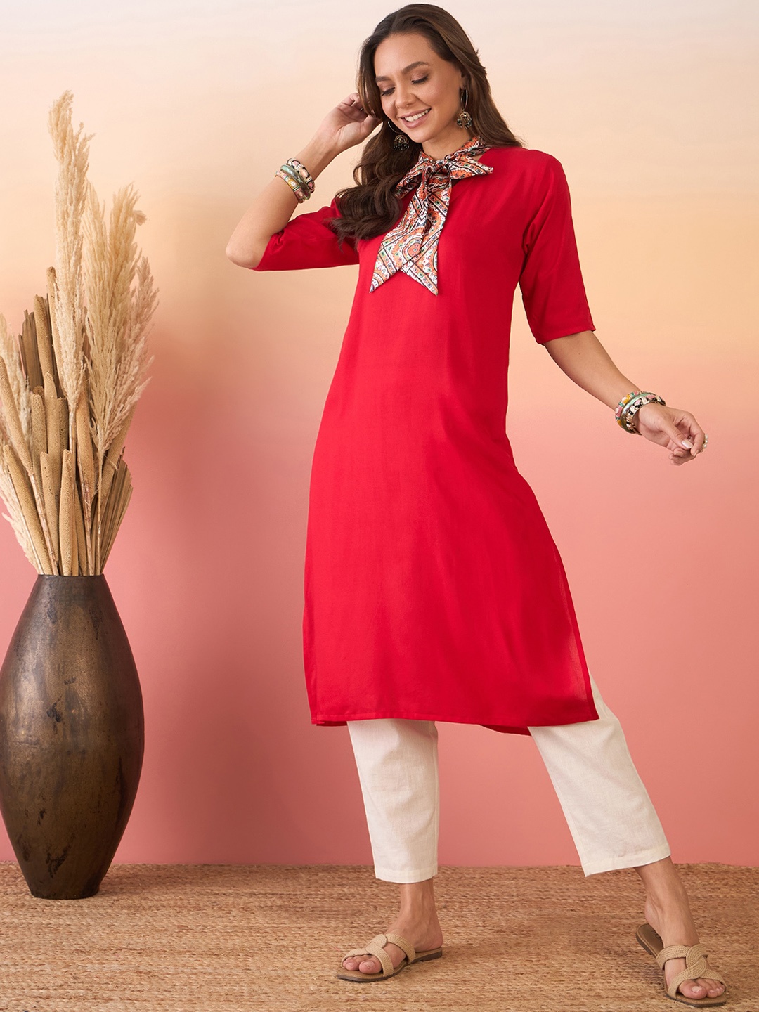 

InWeave Tie-Up Neck Three-Quarter Sleeves A-Line Kurta, Red