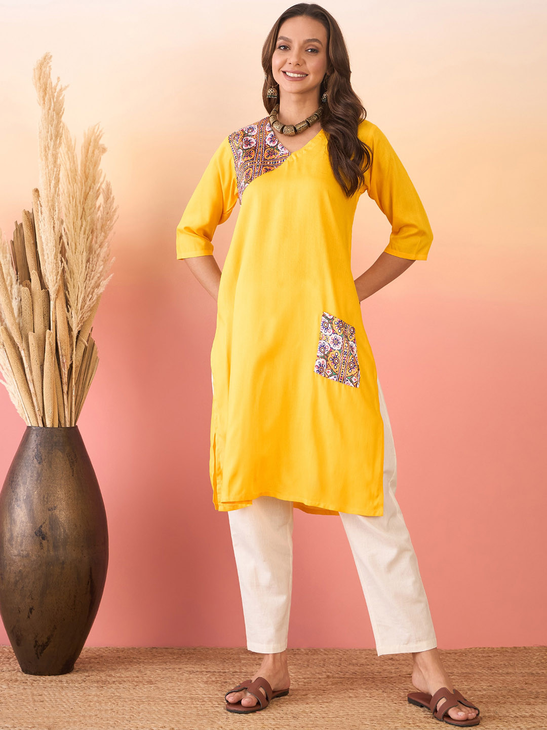

InWeave V-Neck Patchwork A-Line Kurta, Yellow