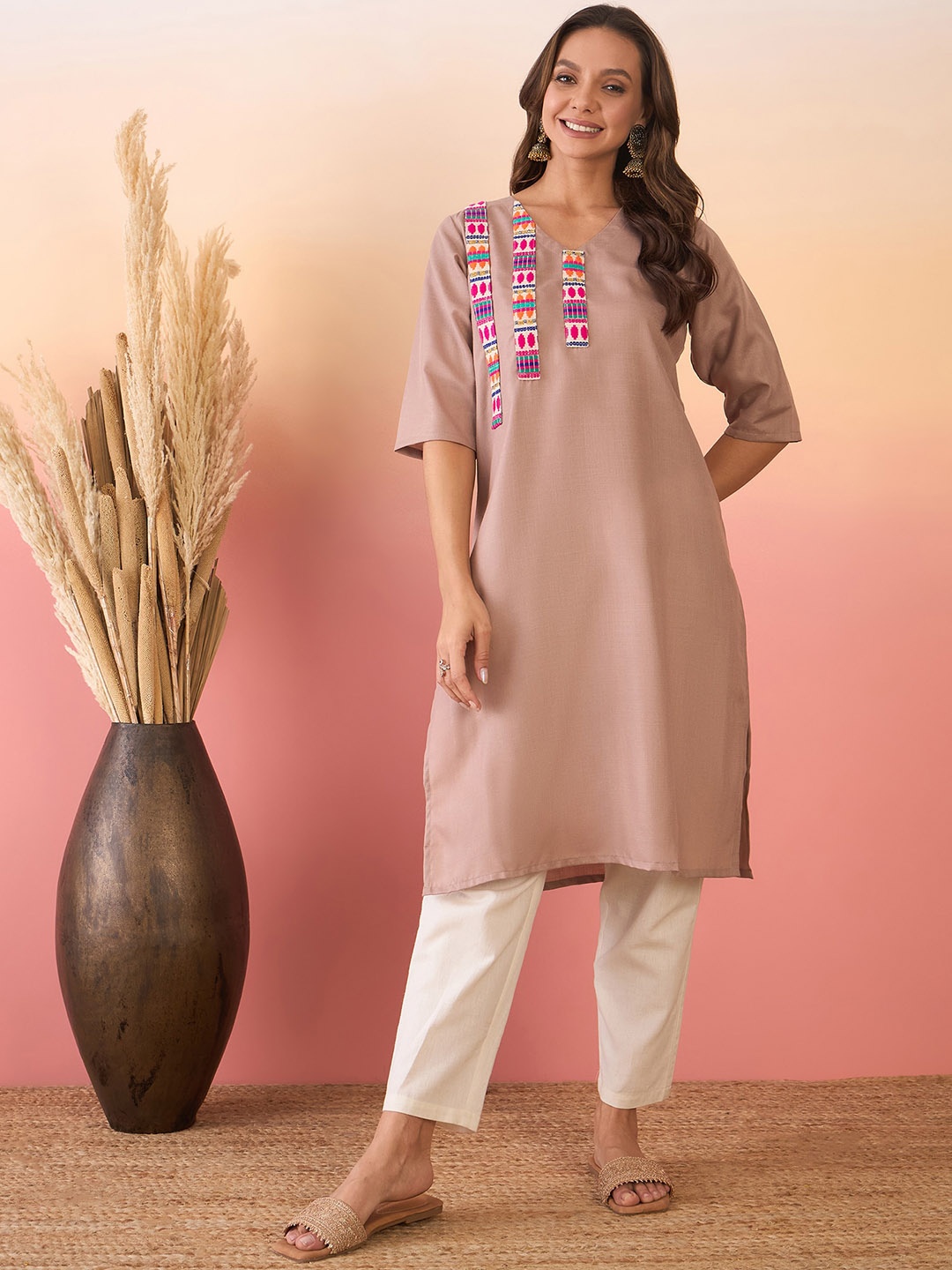 

InWeave V-Neck Patchwork Linen A-Line Kurta, Brown